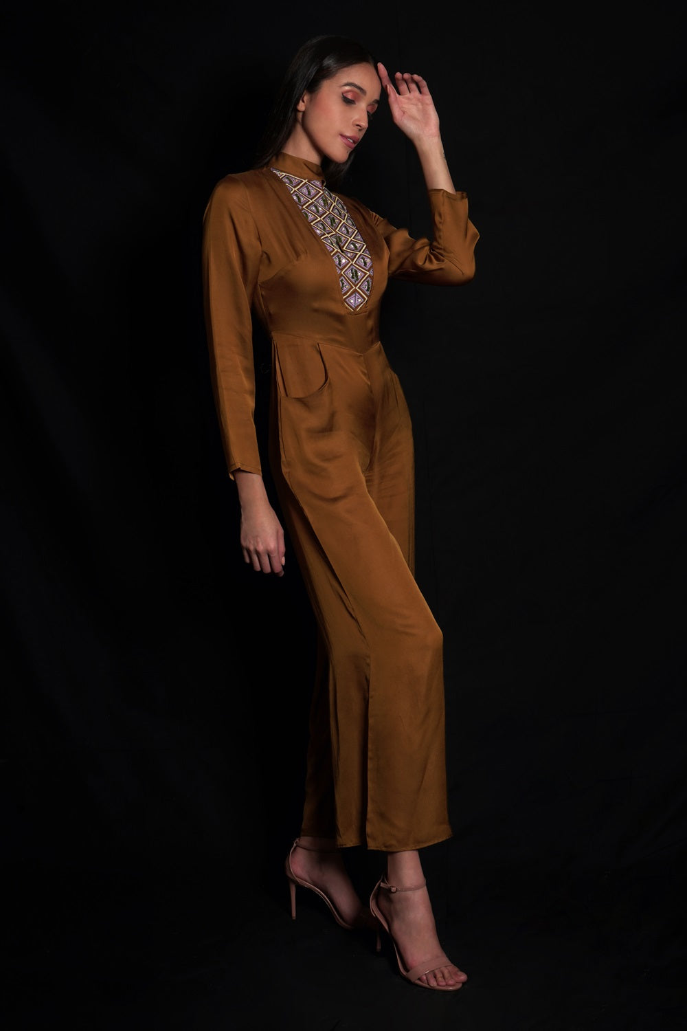 Golden Brown Embroidered Jumpsuit