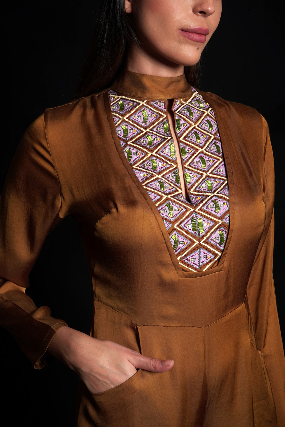 Golden Brown Embroidered Jumpsuit