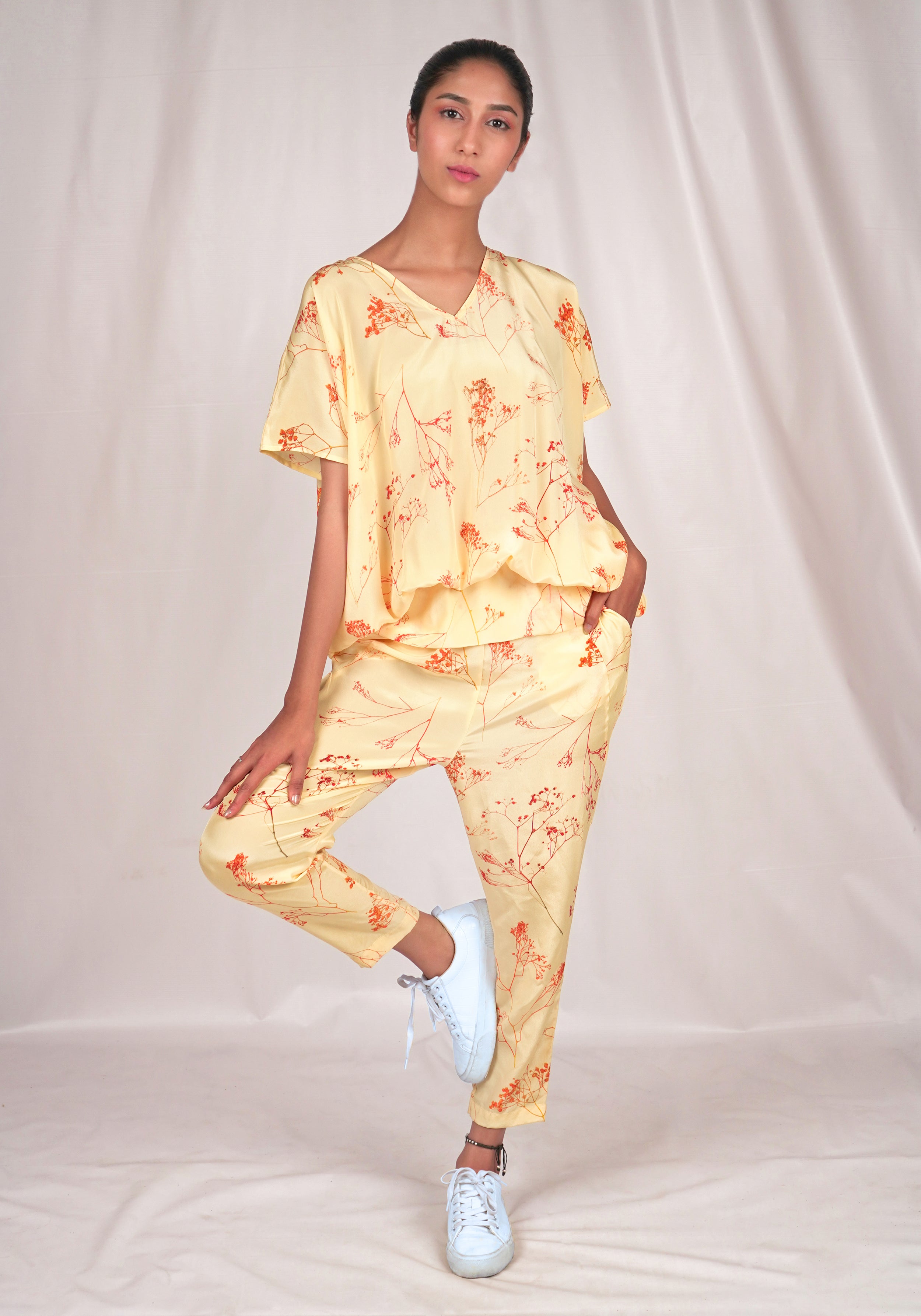 Yellow loose-fit printed jumpsuit