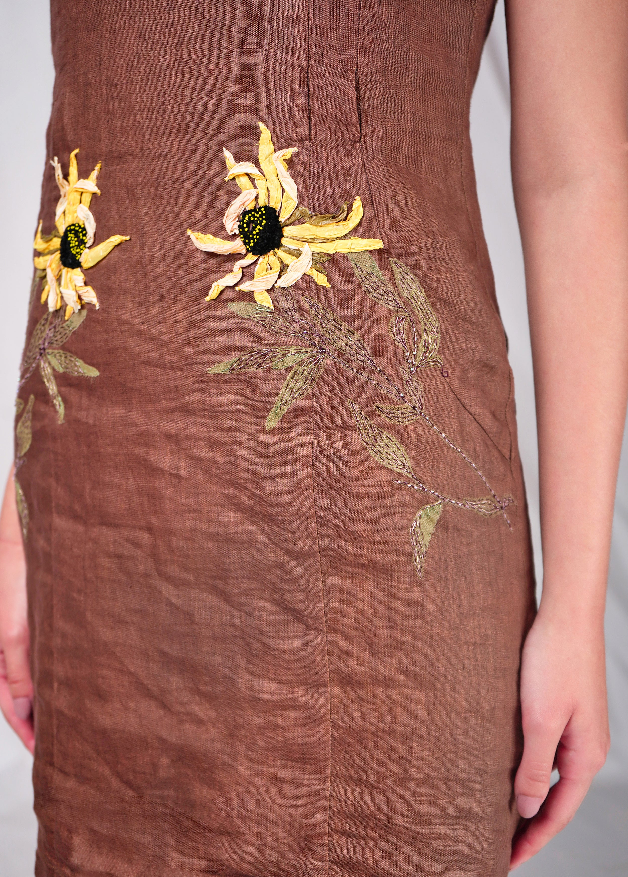 Brown linen dress with floral hand-embroidery