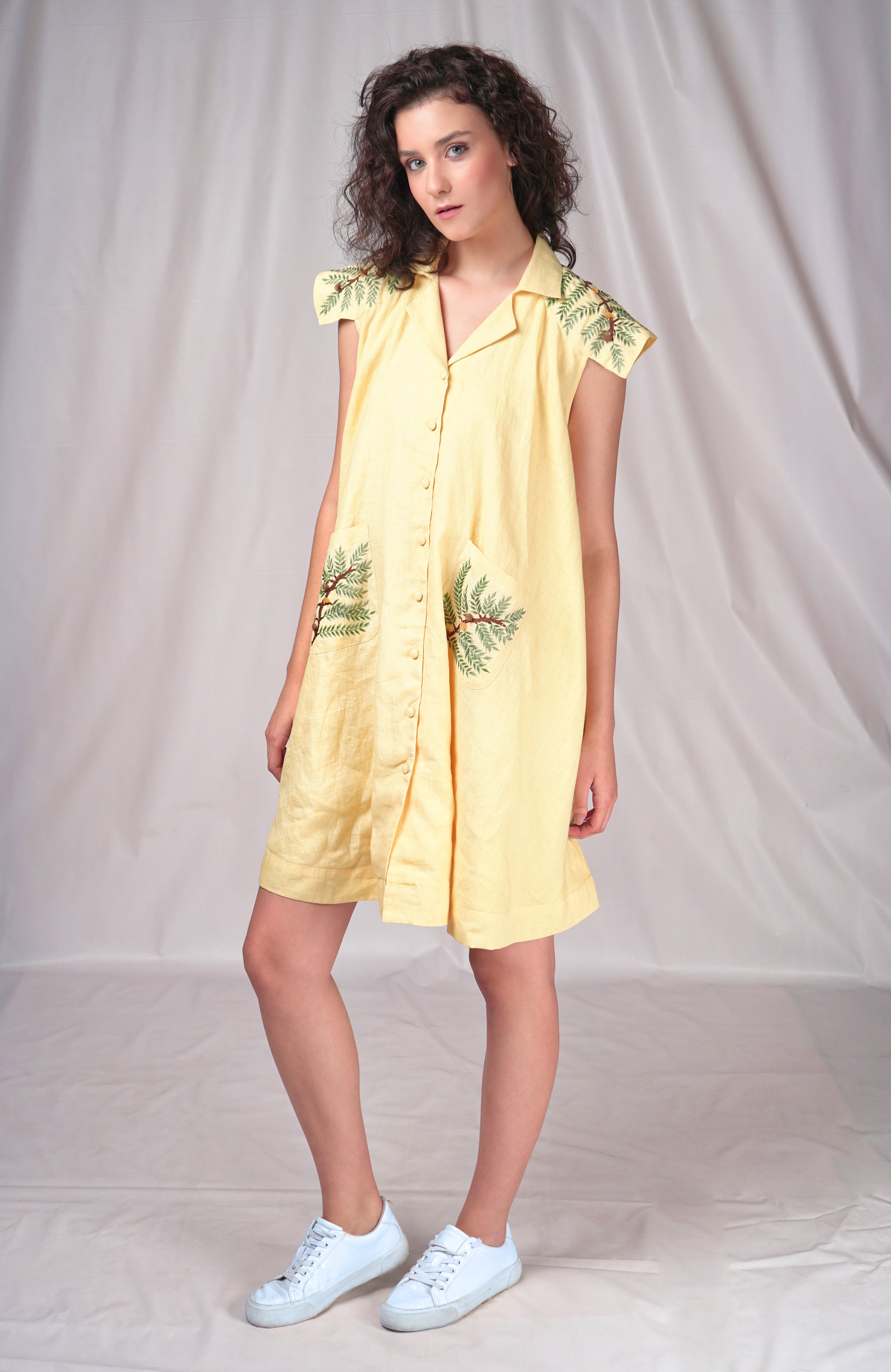 Yellow shirt dress with leaf embroidery