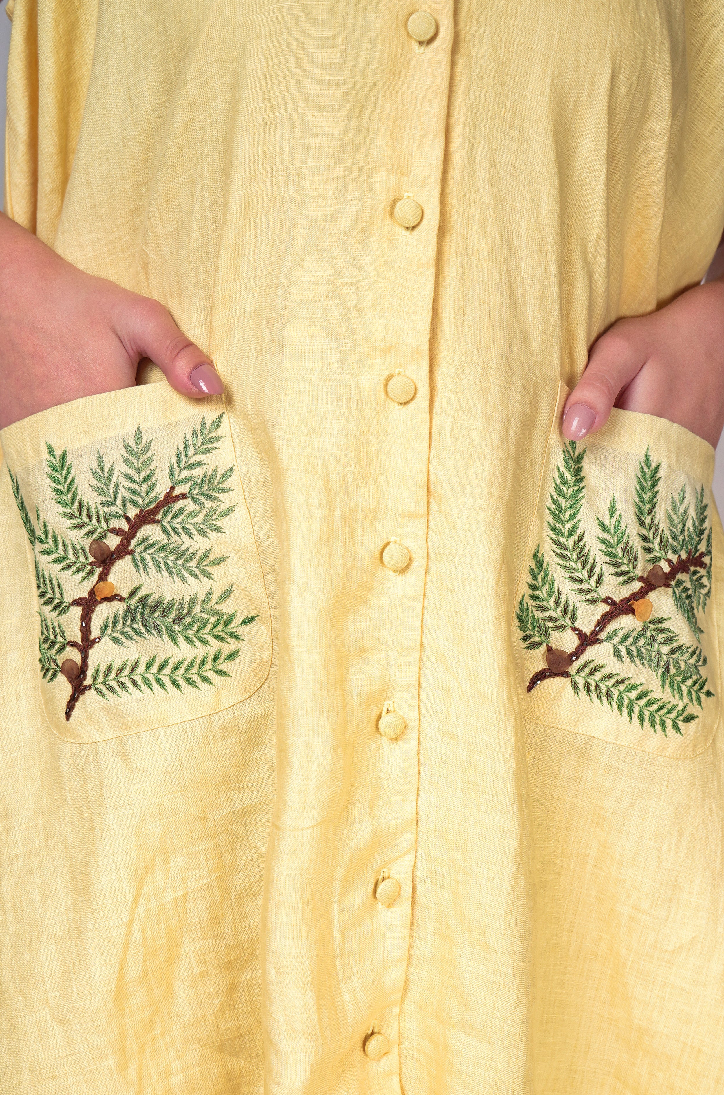 Yellow shirt dress with leaf embroidery