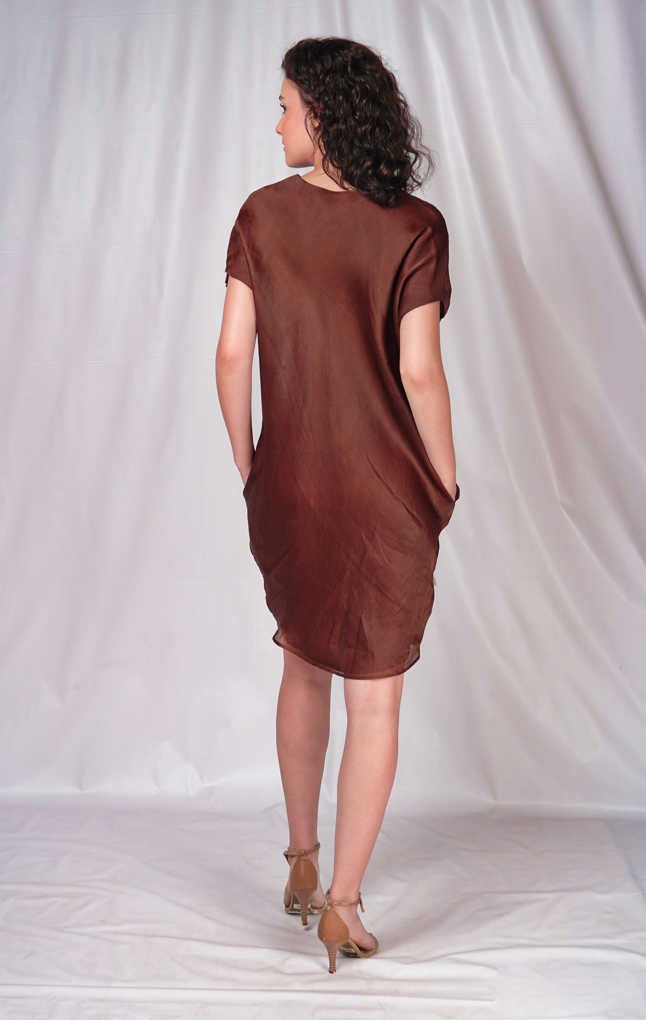 Brown balloon dress with floral embroidery