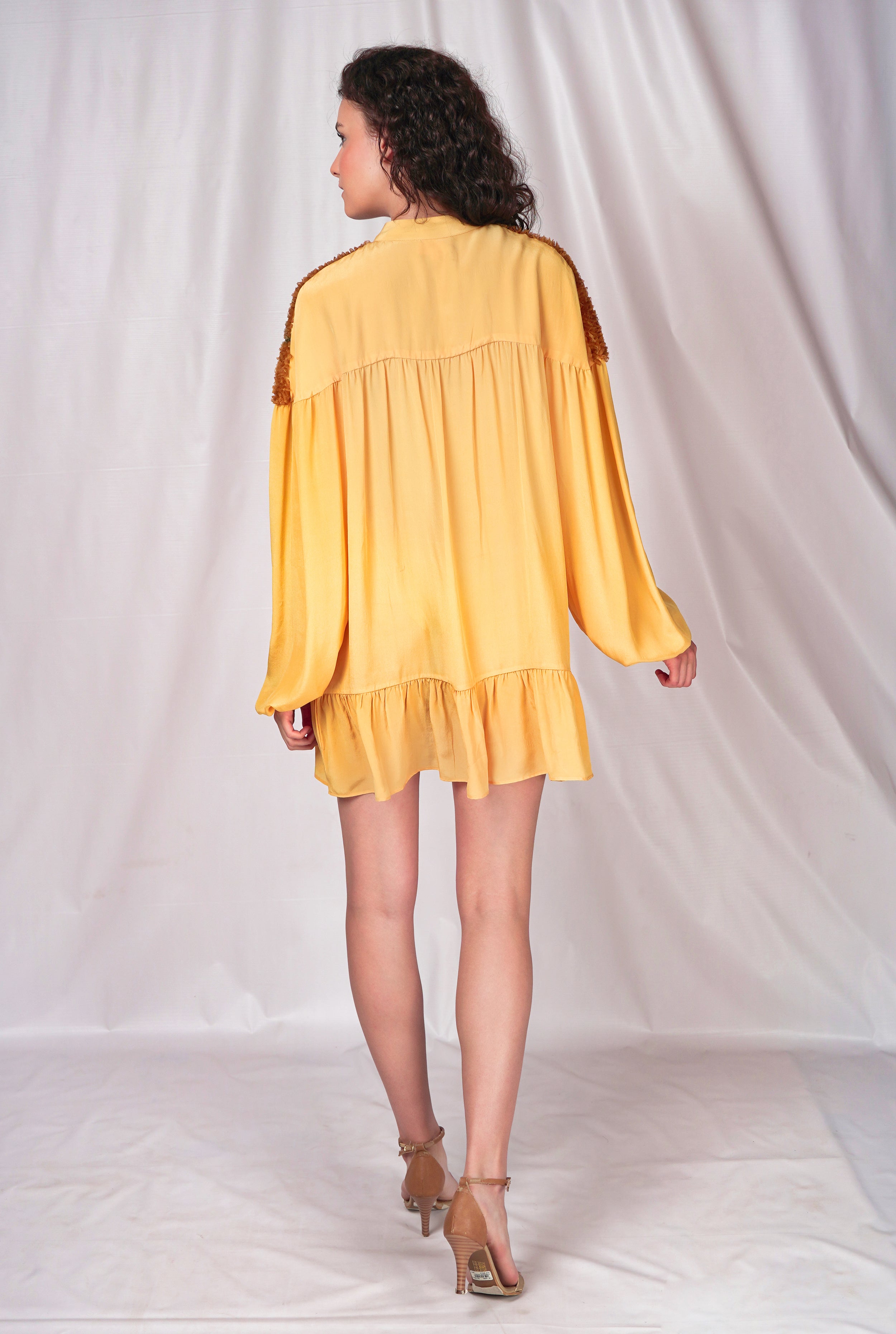 Yellow summer dress with floral hand-embroidery