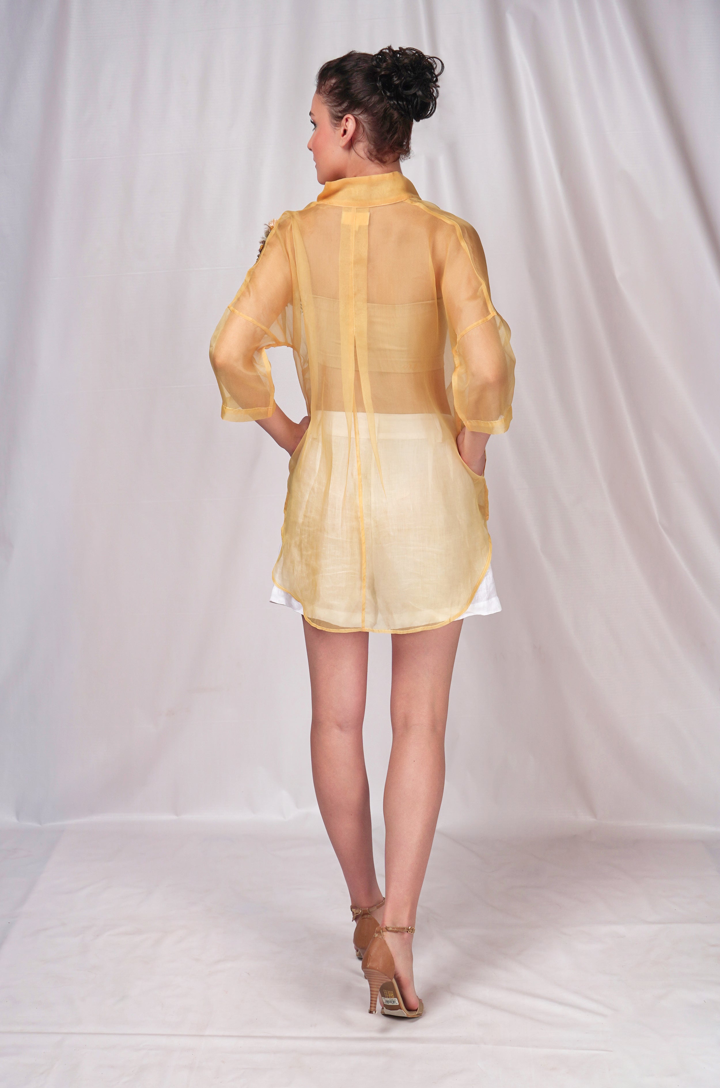 Yellow organza overshirt with embroidery details