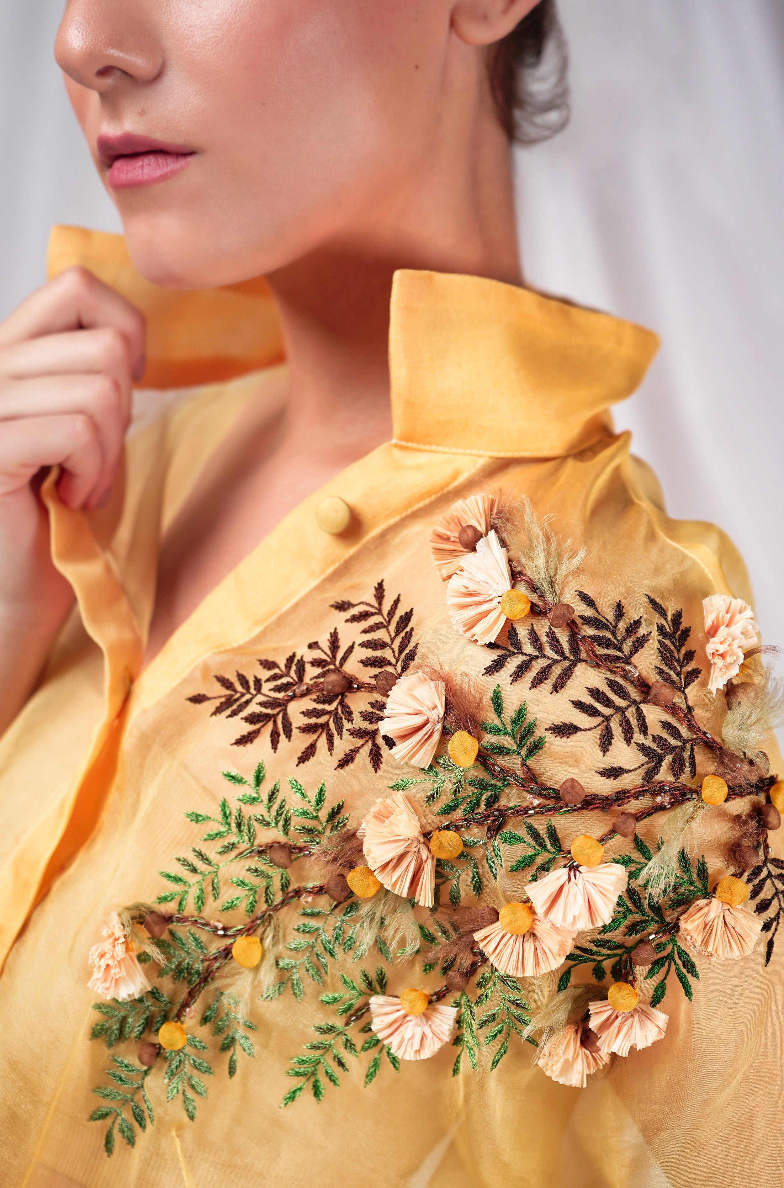 Yellow organza overshirt with embroidery details