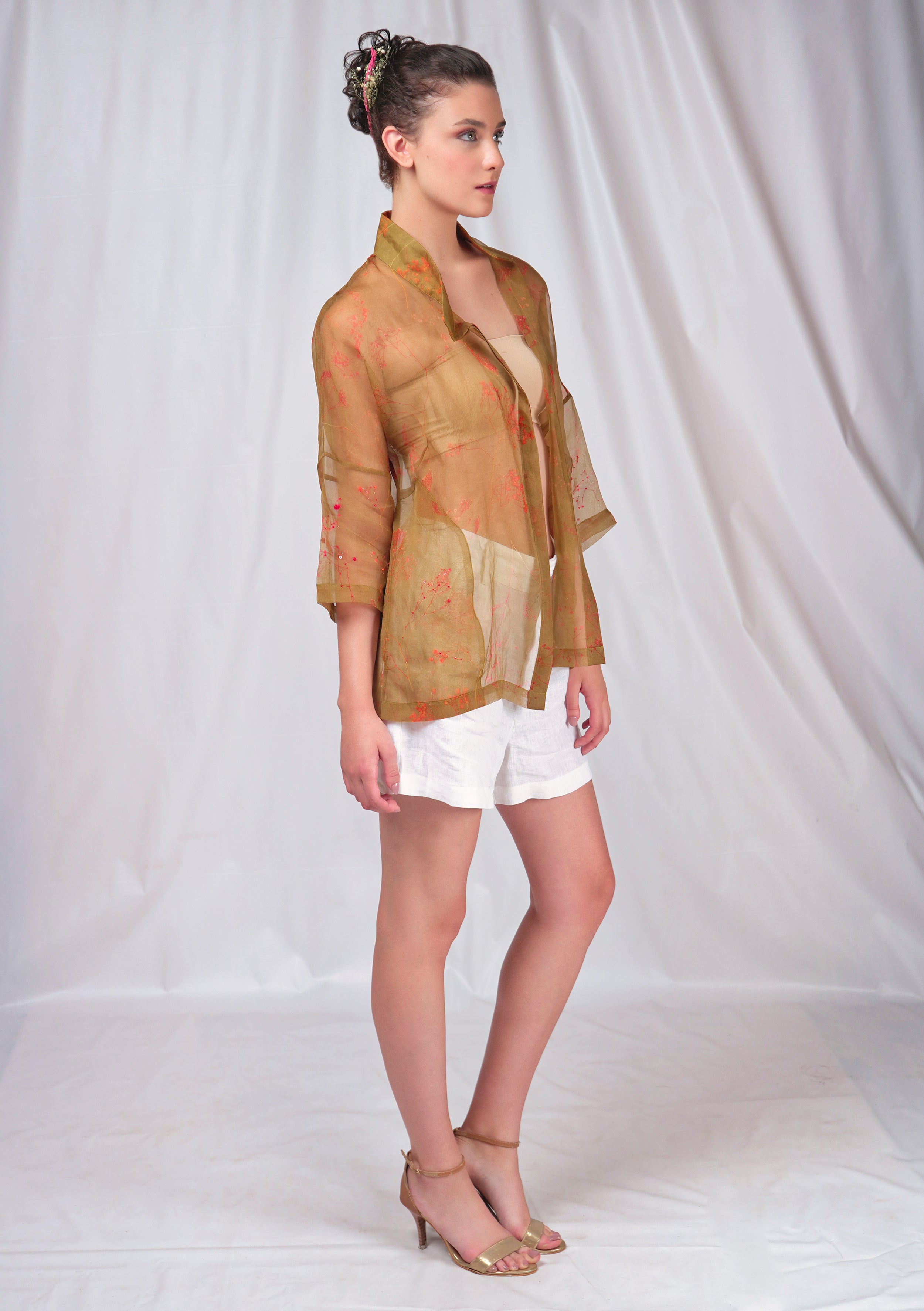 Green printed overshirt with embroidery details