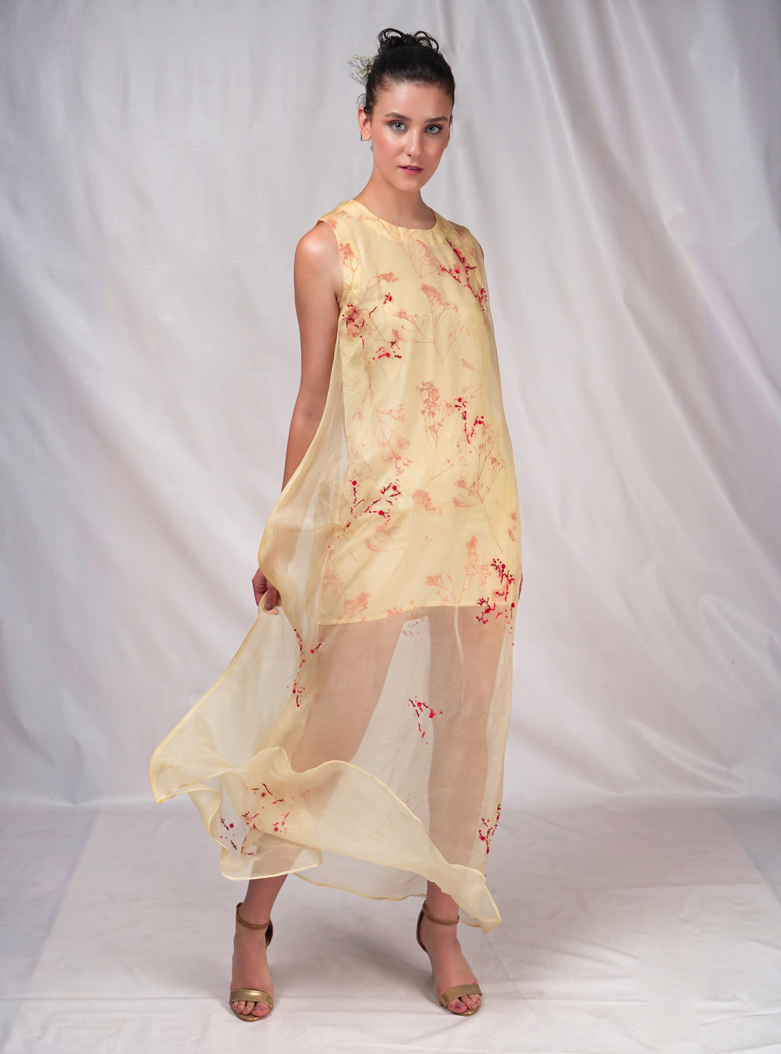 Yellow hued organza dress with embroidery details