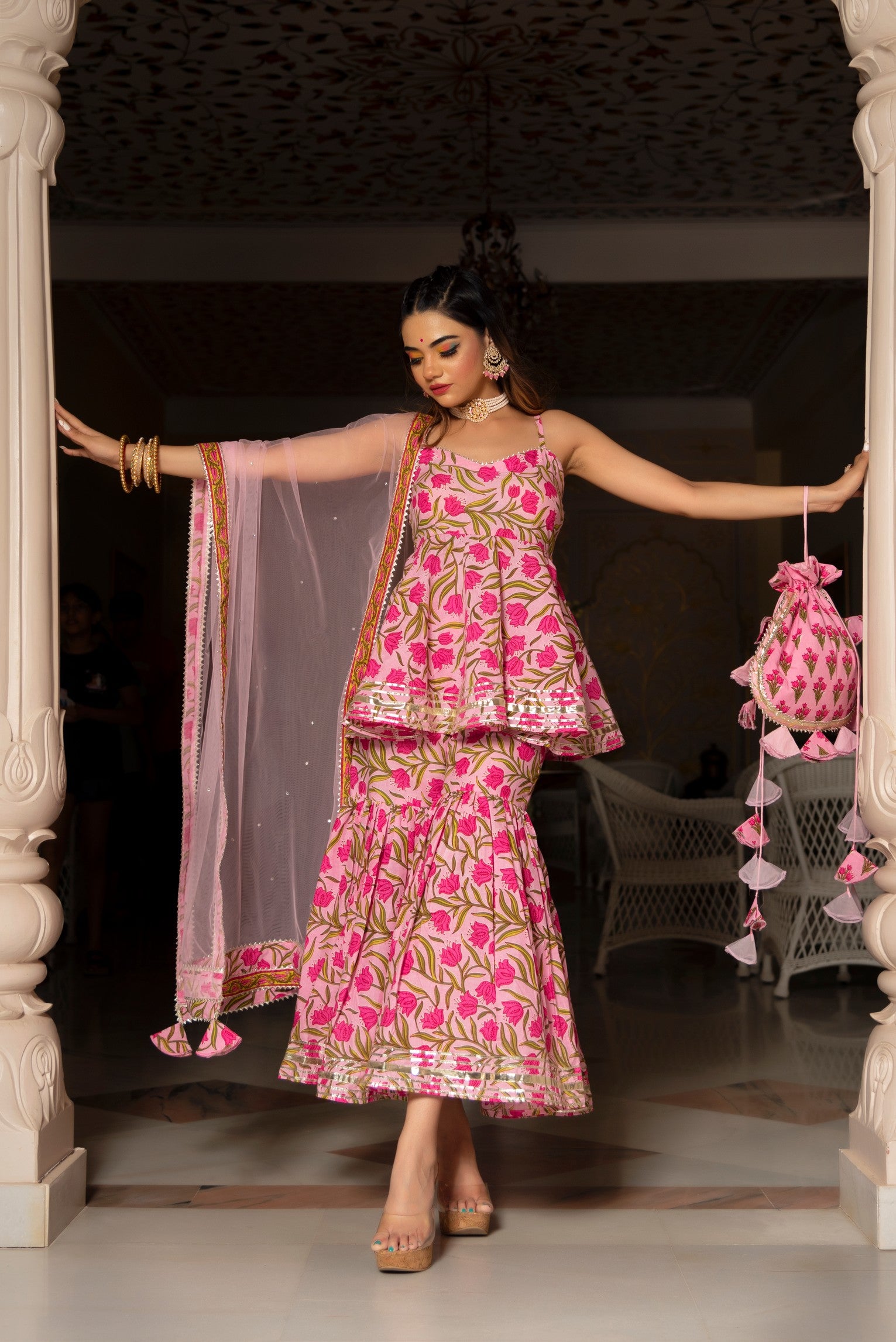 NAZAKAT PINK COTTON HAND BLOCK SHARARA SET