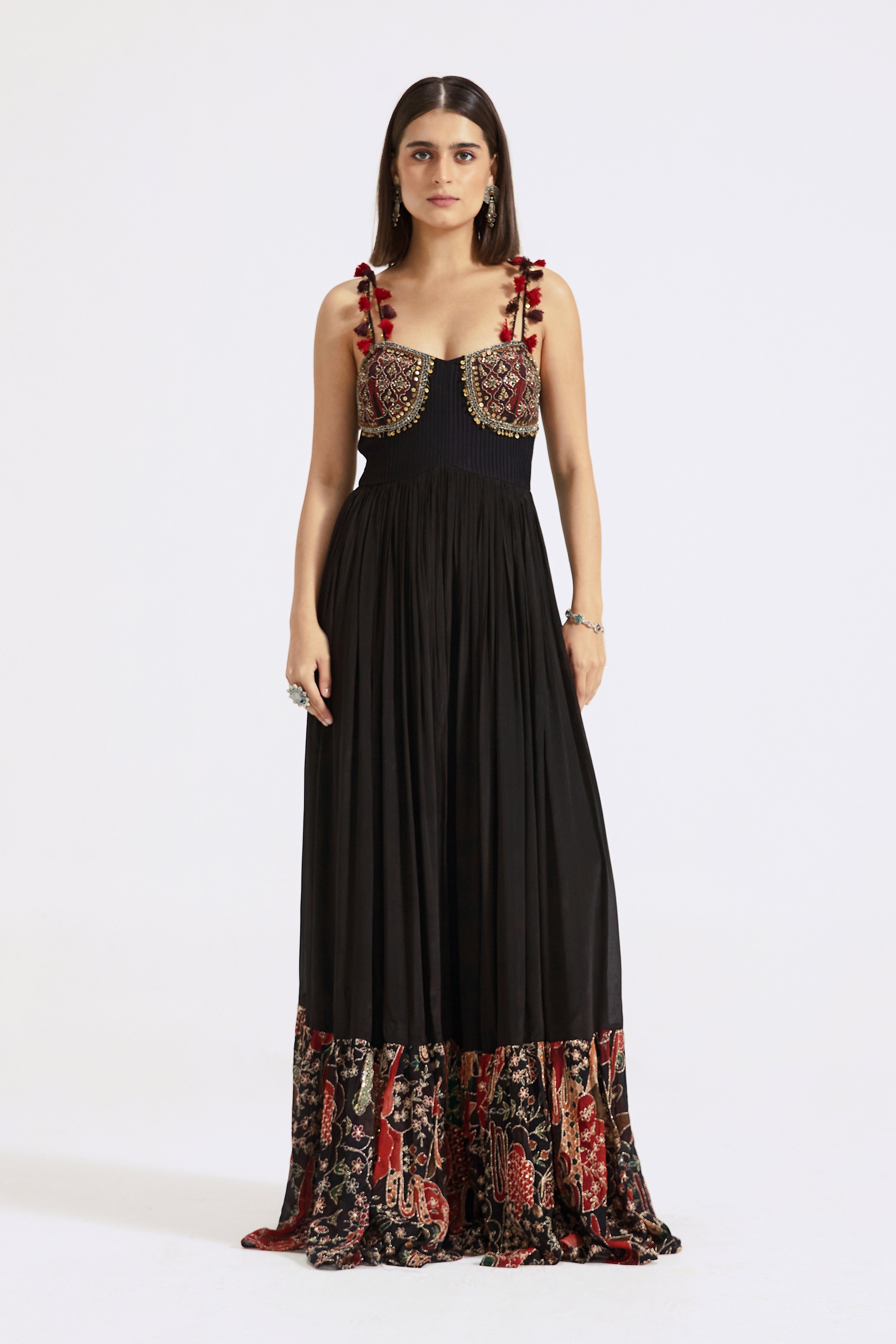 Black Gown with Applique Embroidery