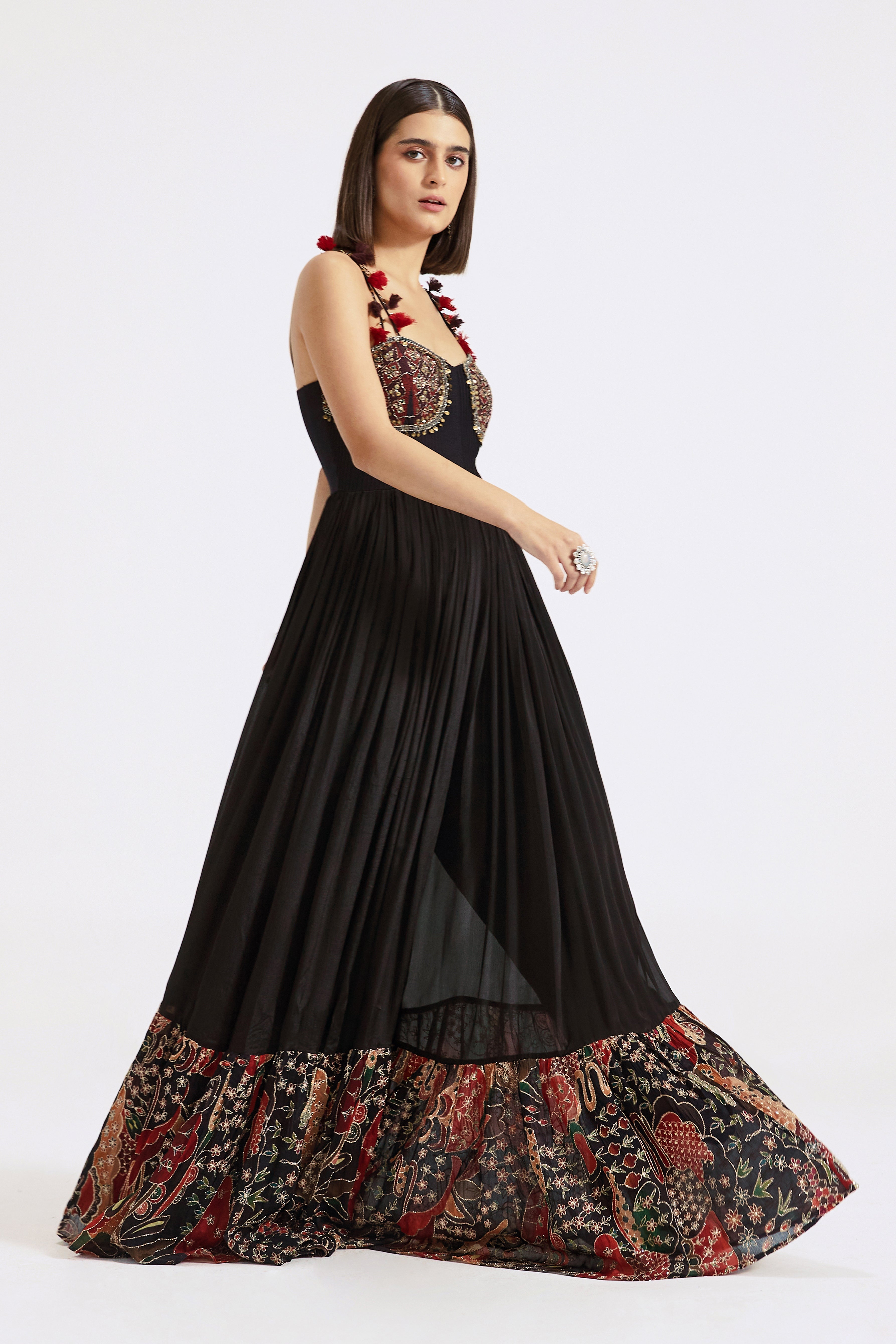 Black Gown with Applique Embroidery