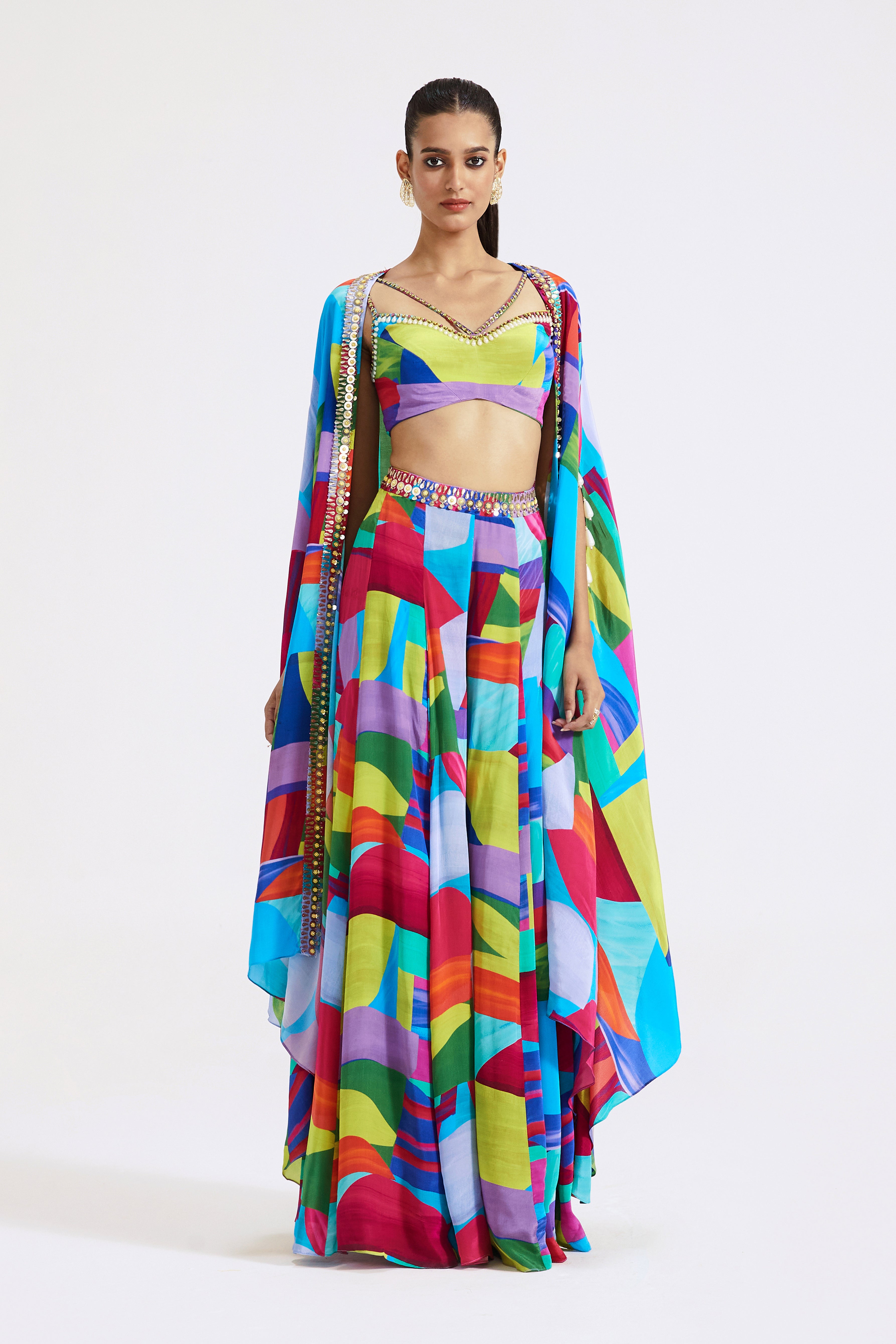 Multicoloured Skirt Set With Cape