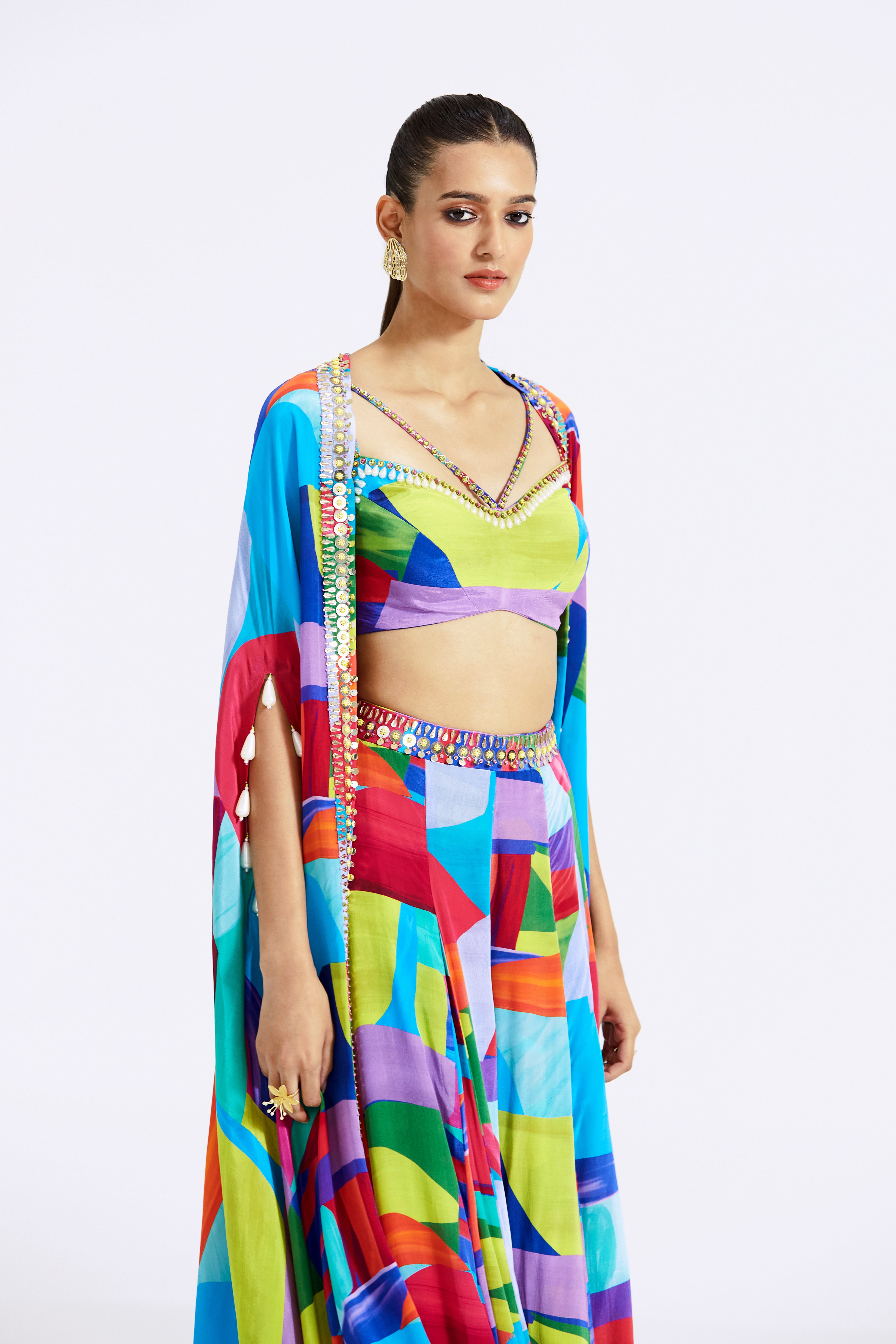 Multicoloured Skirt Set With Cape