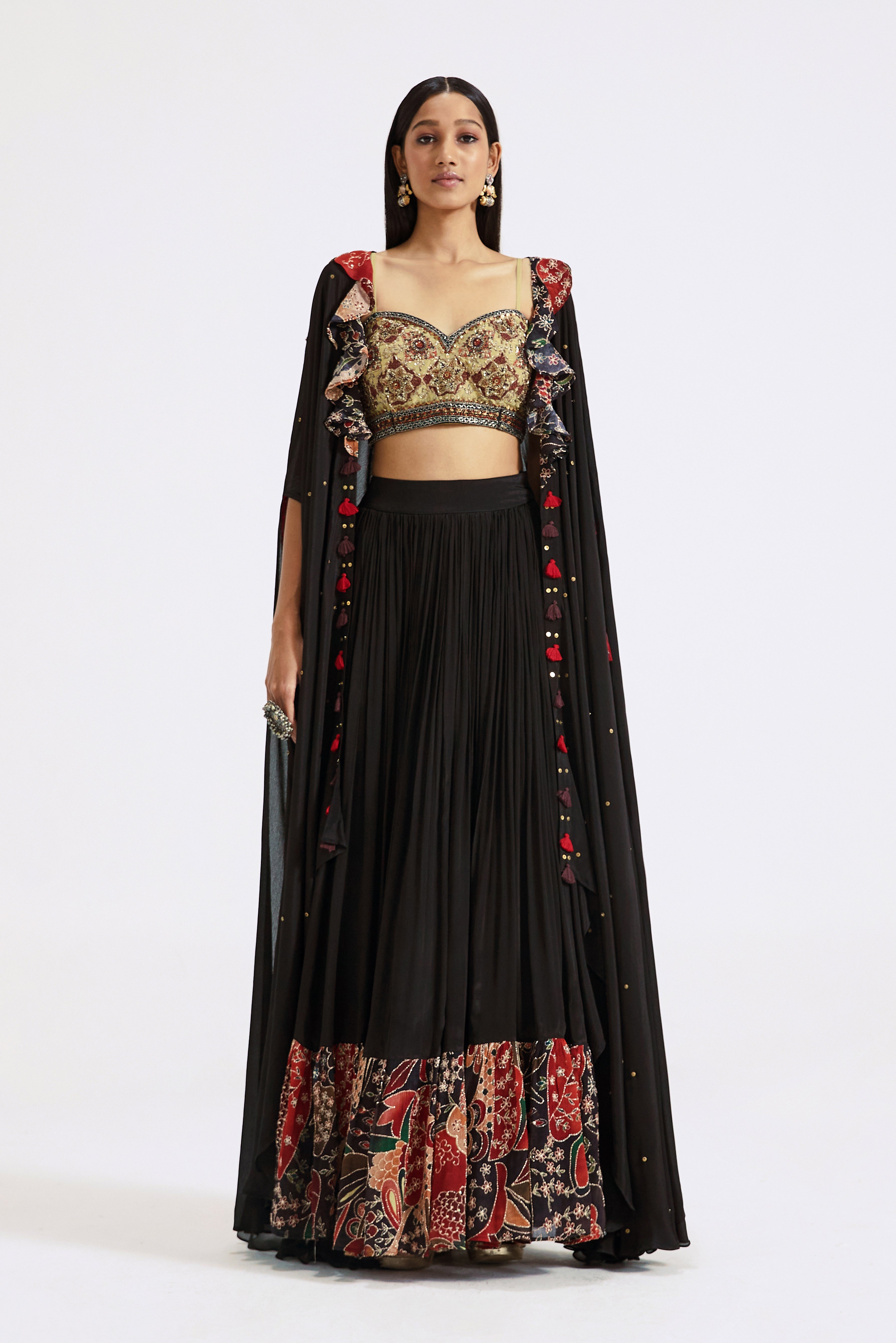 Black Cape Set with Applique Embroidery