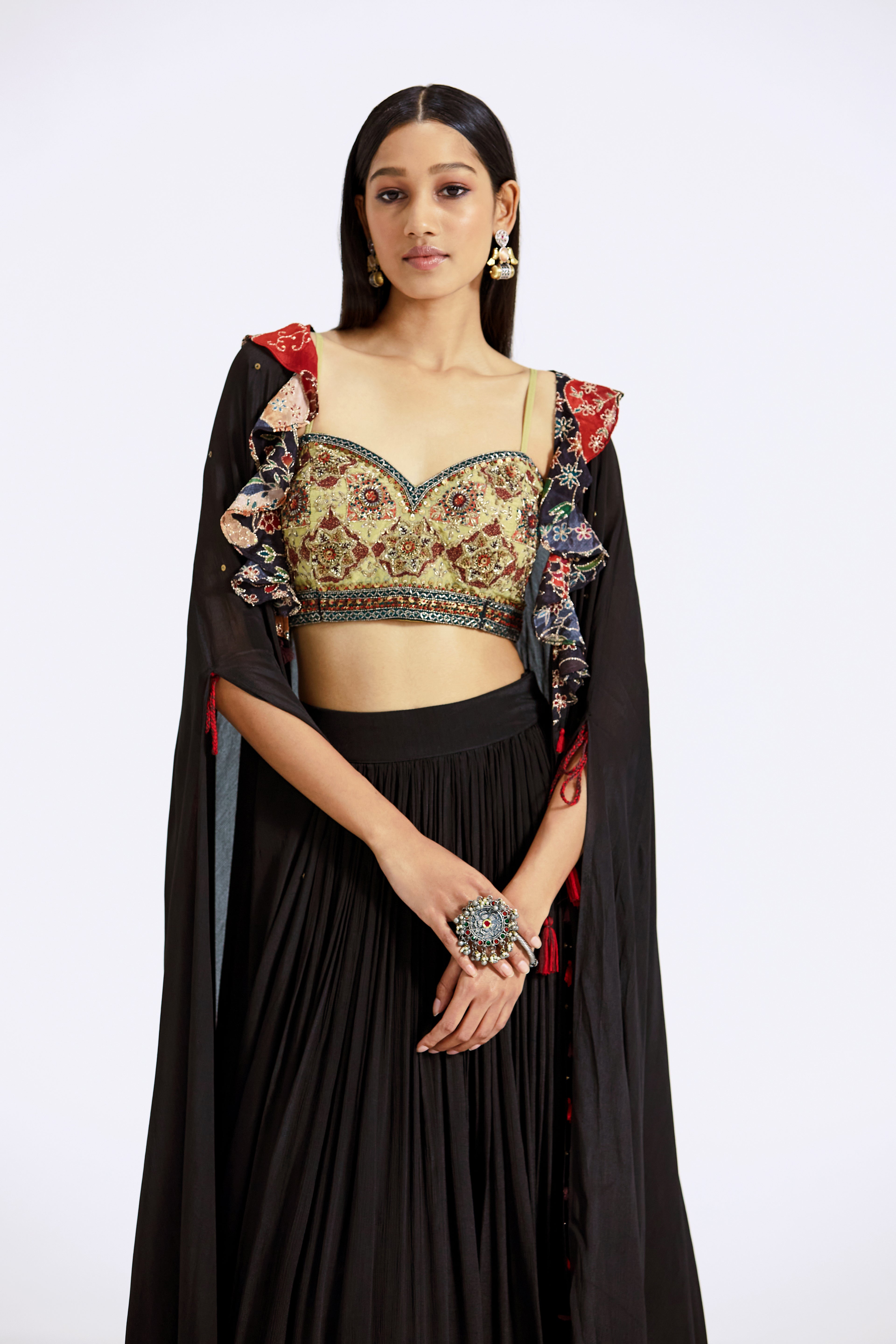 Black Cape Set with Applique Embroidery