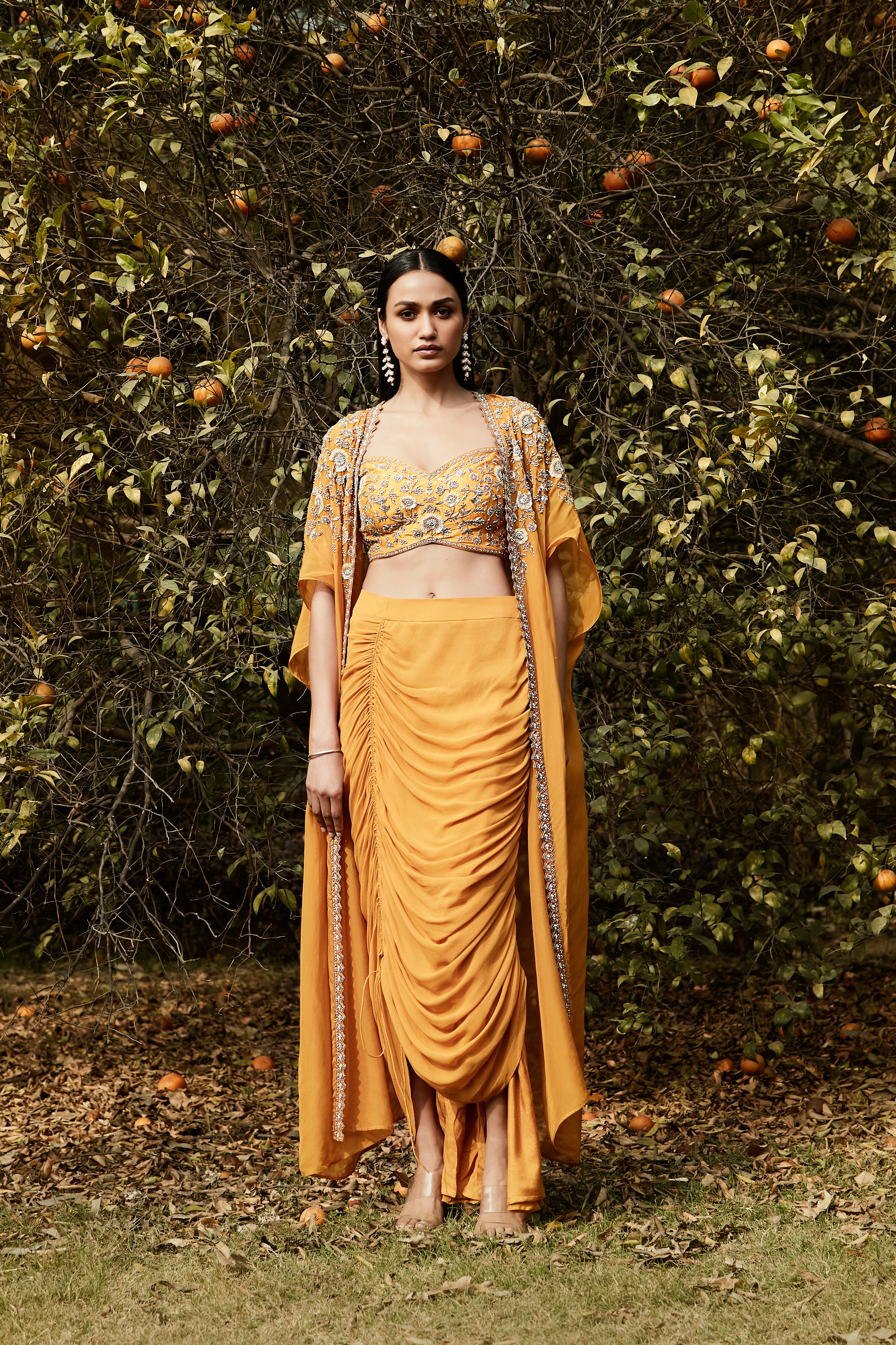 Orange Draped Dhoti & Cape Set