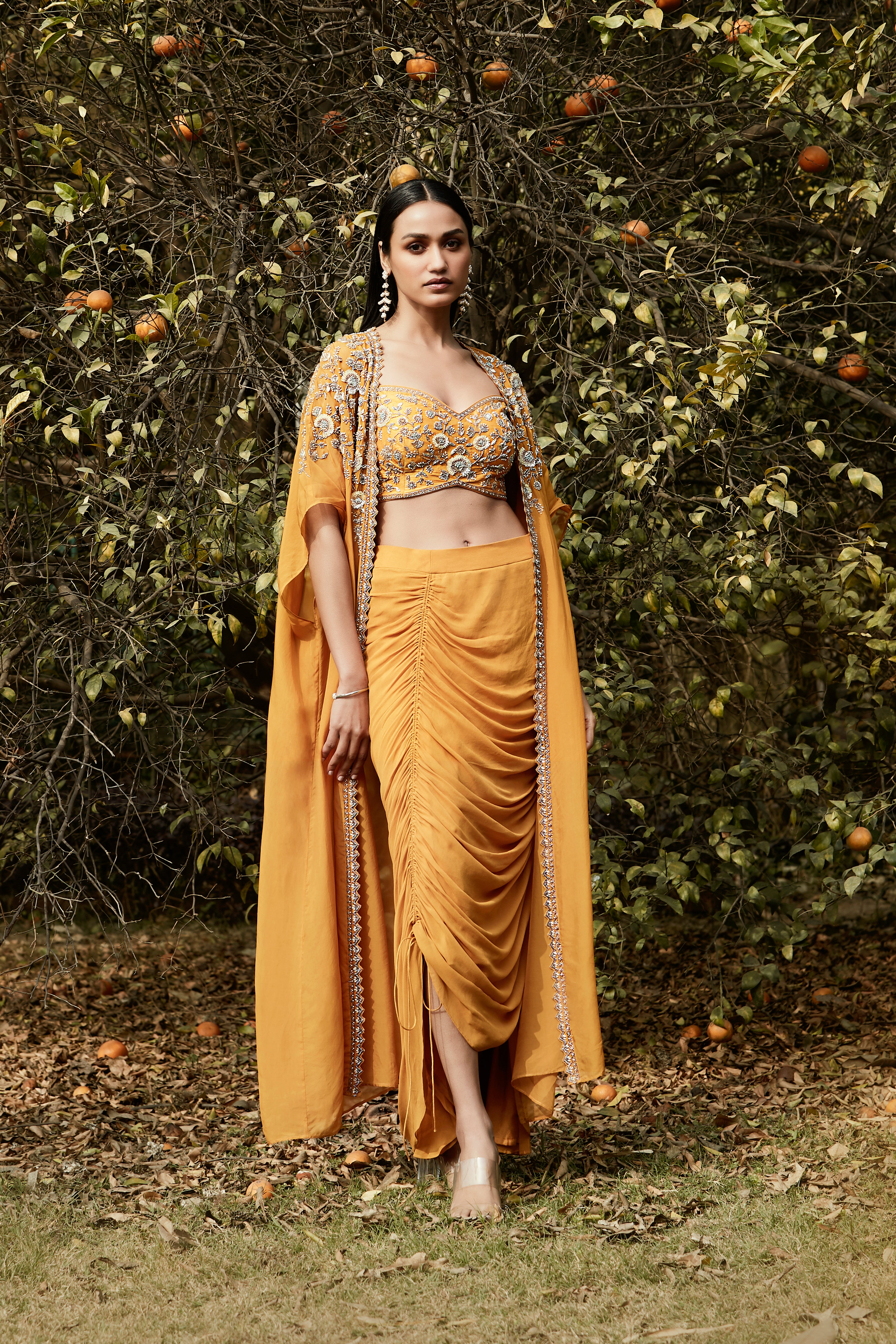 Orange Draped Dhoti & Cape Set