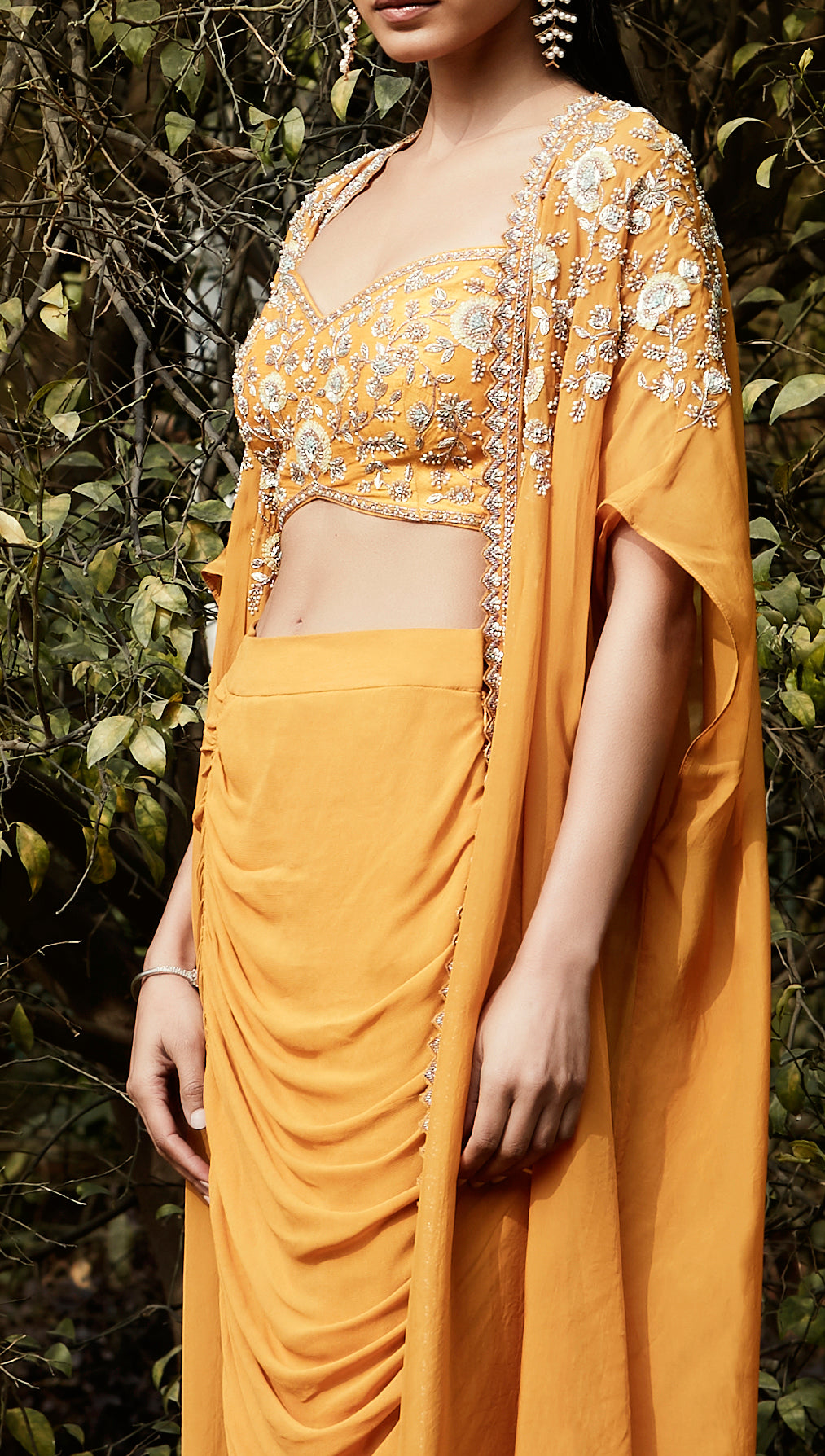 Orange Draped Dhoti & Cape Set