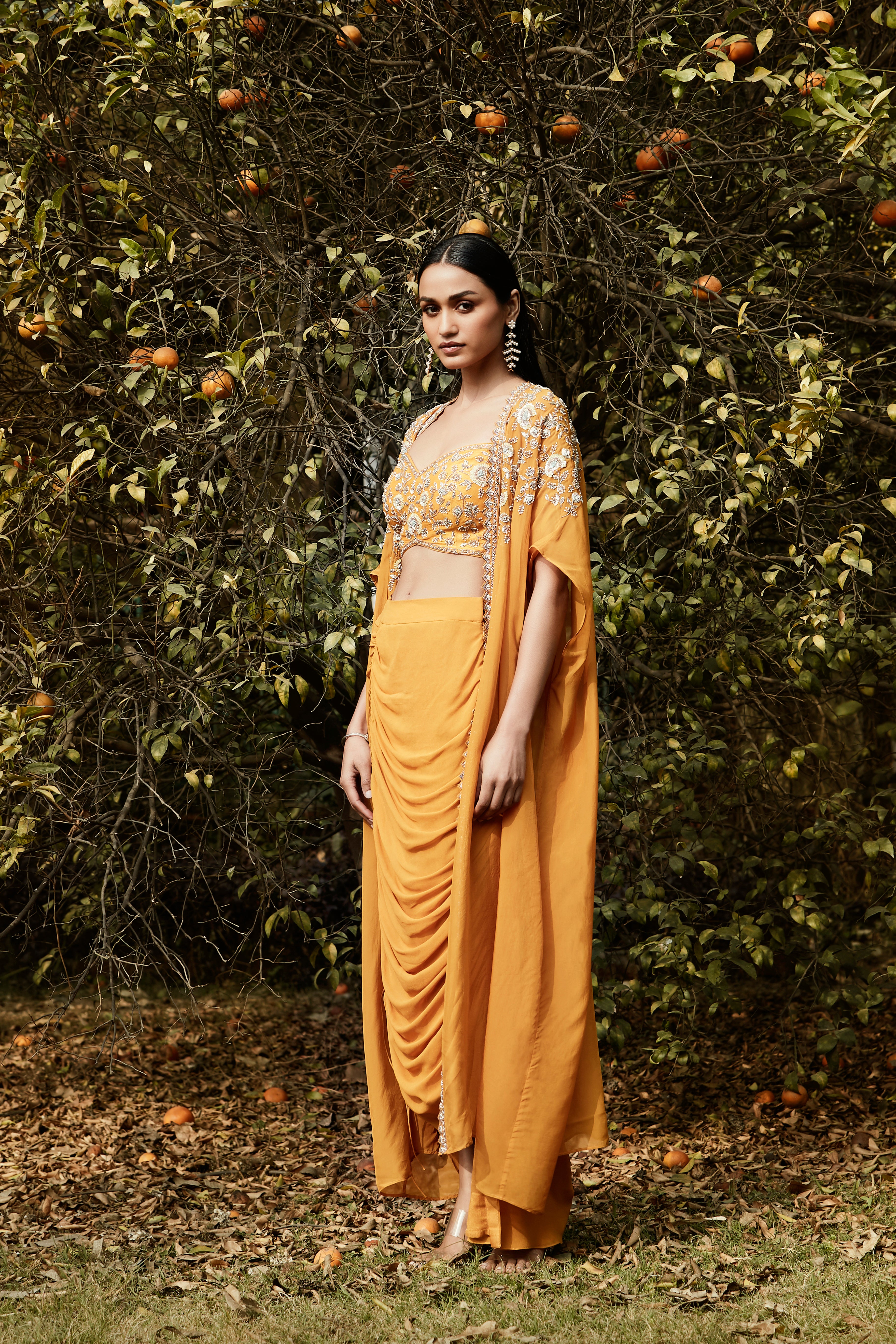 Orange Draped Dhoti & Cape Set