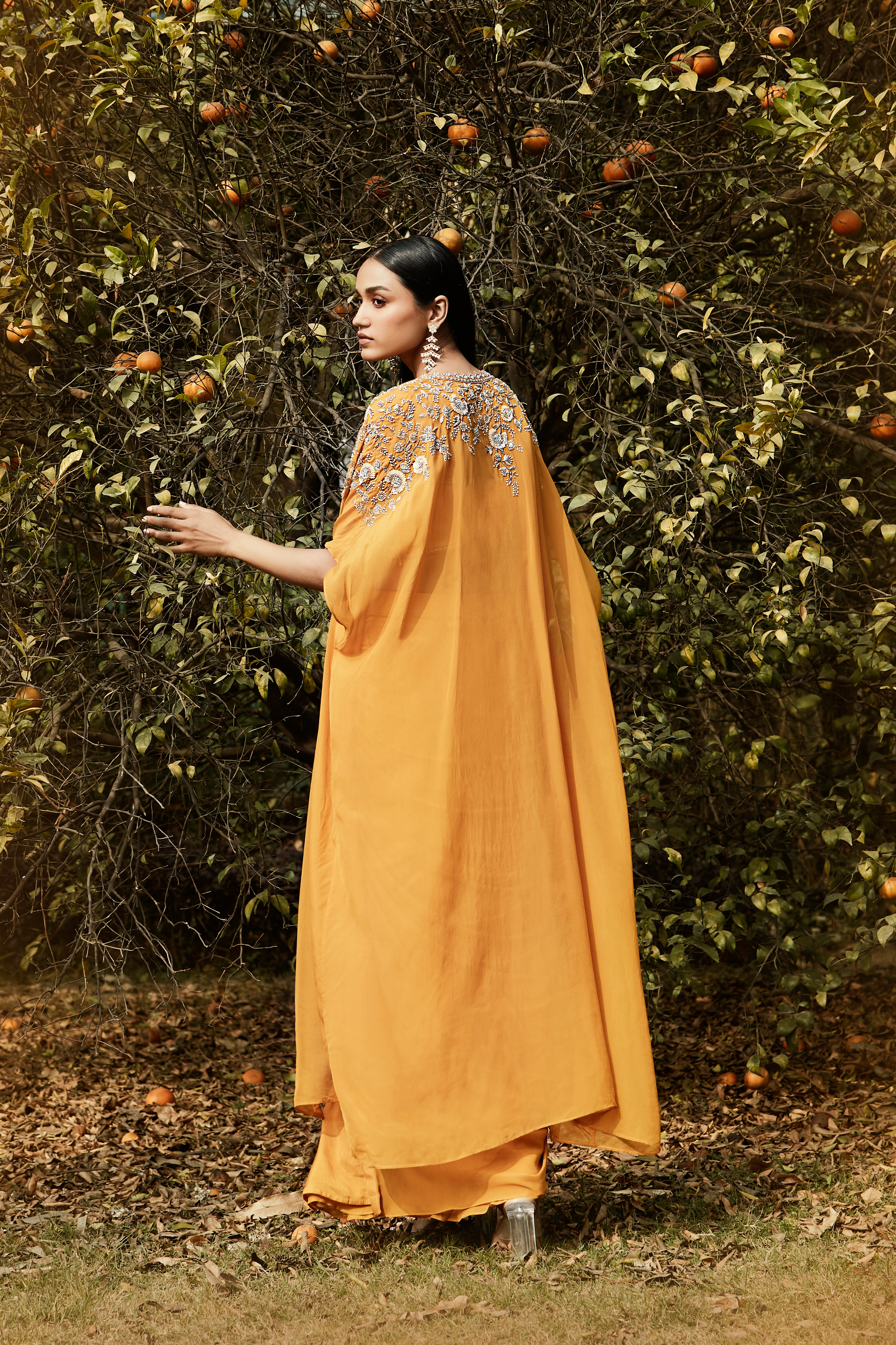 Orange Draped Dhoti & Cape Set