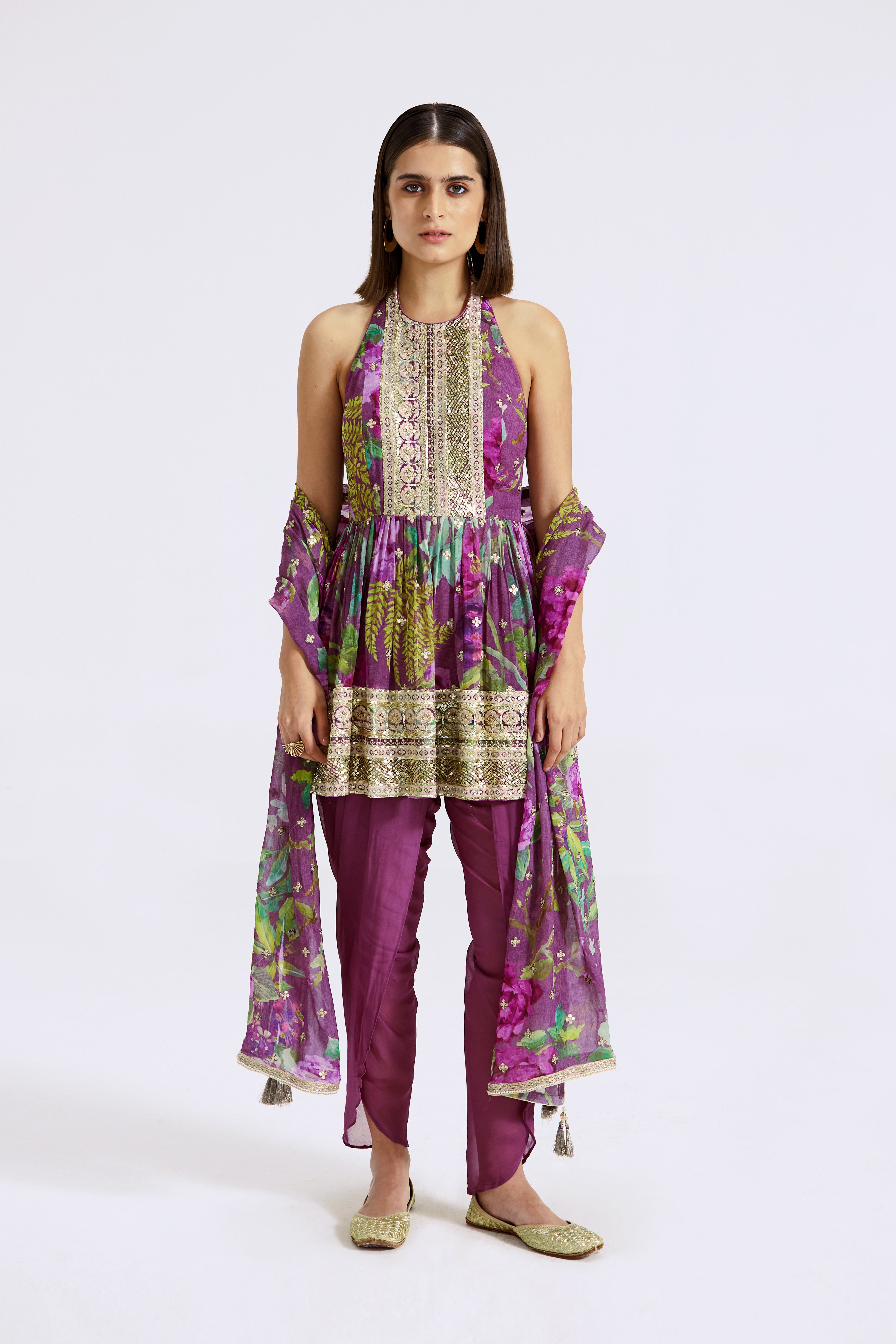 Purple Printed Peplum Kurta And Dhoti Set