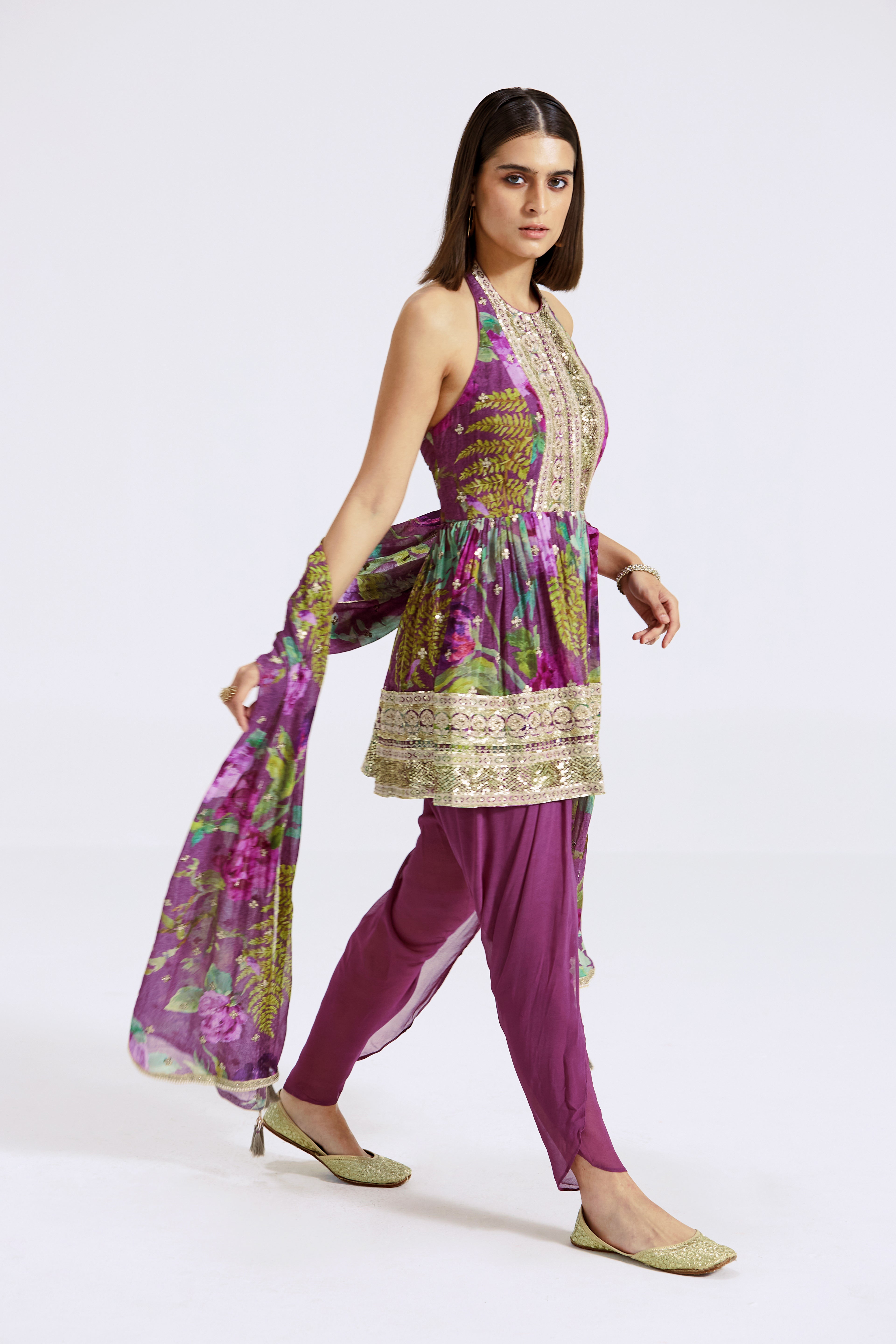 Purple Printed Peplum Kurta And Dhoti Set