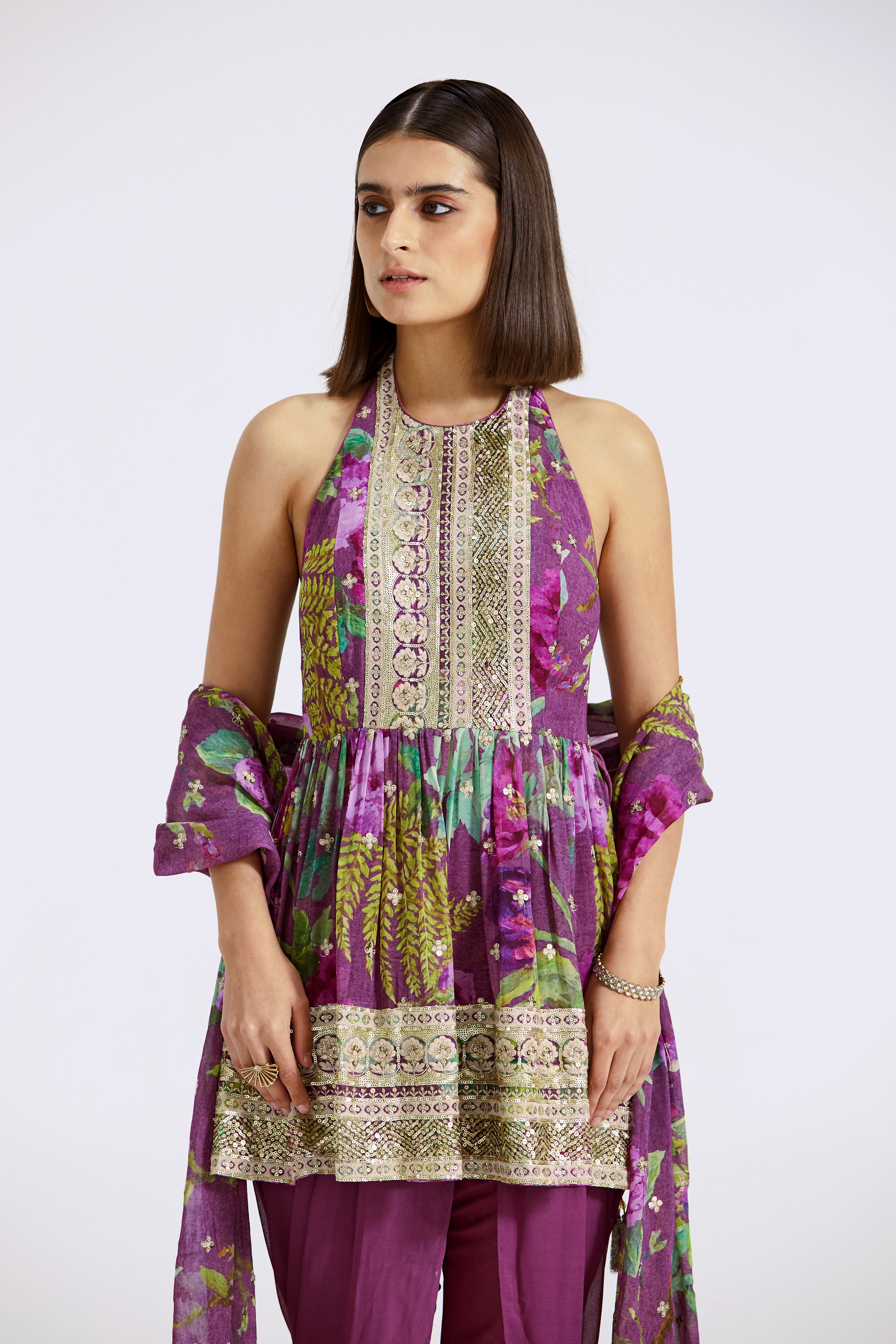 Purple Printed Peplum Kurta And Dhoti Set