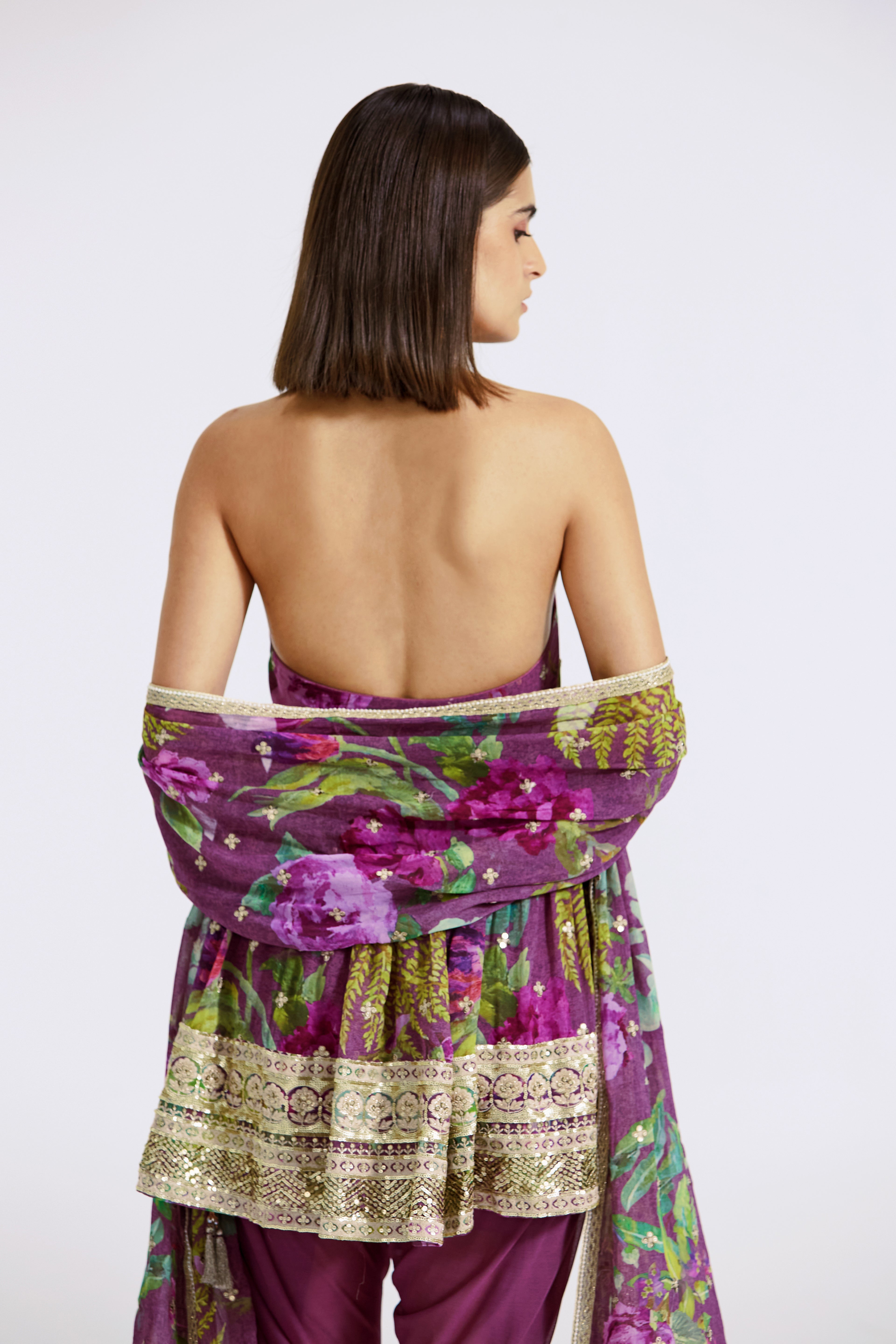 Purple Printed Peplum Kurta And Dhoti Set