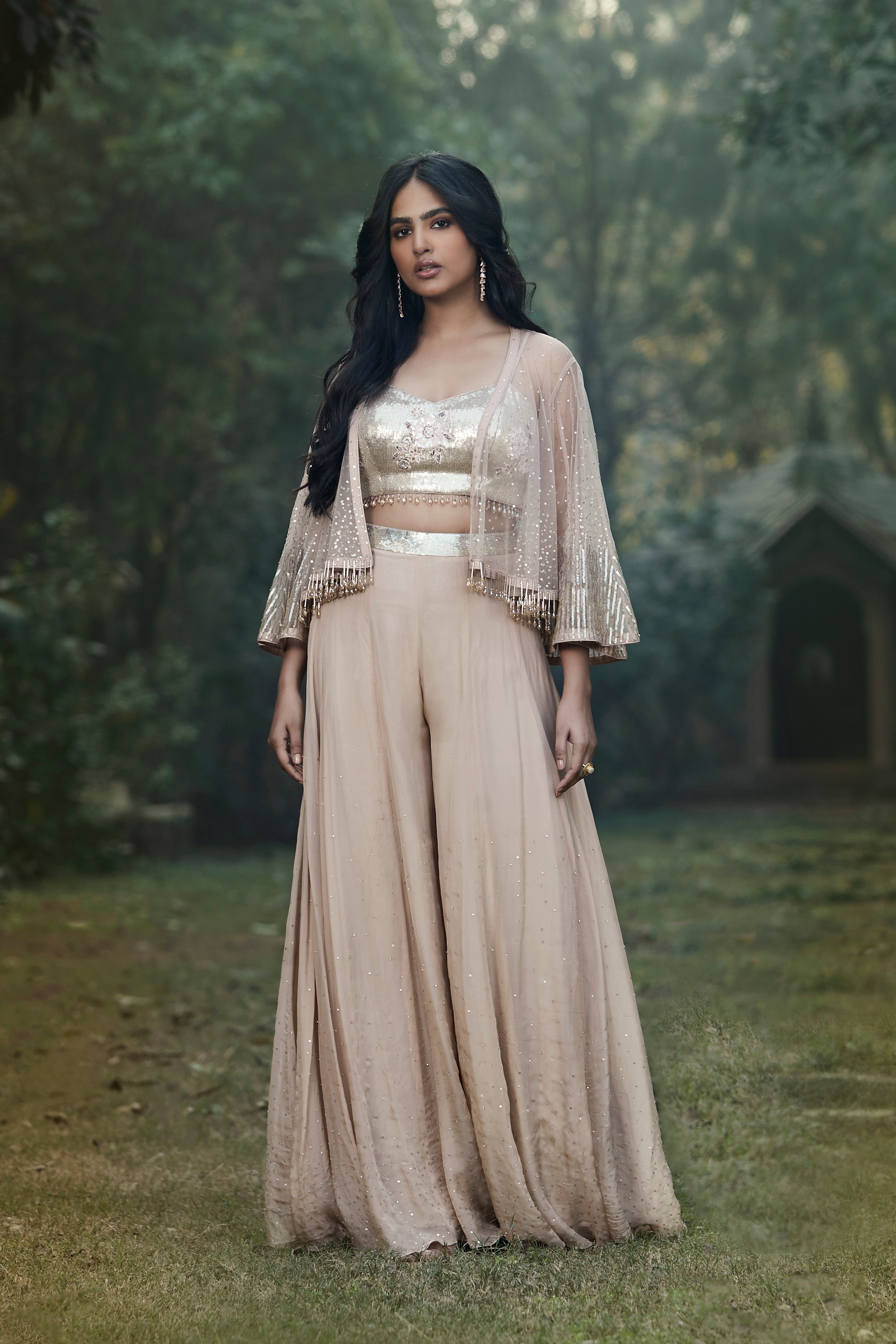 Peach Organza Cape & Sharara Set