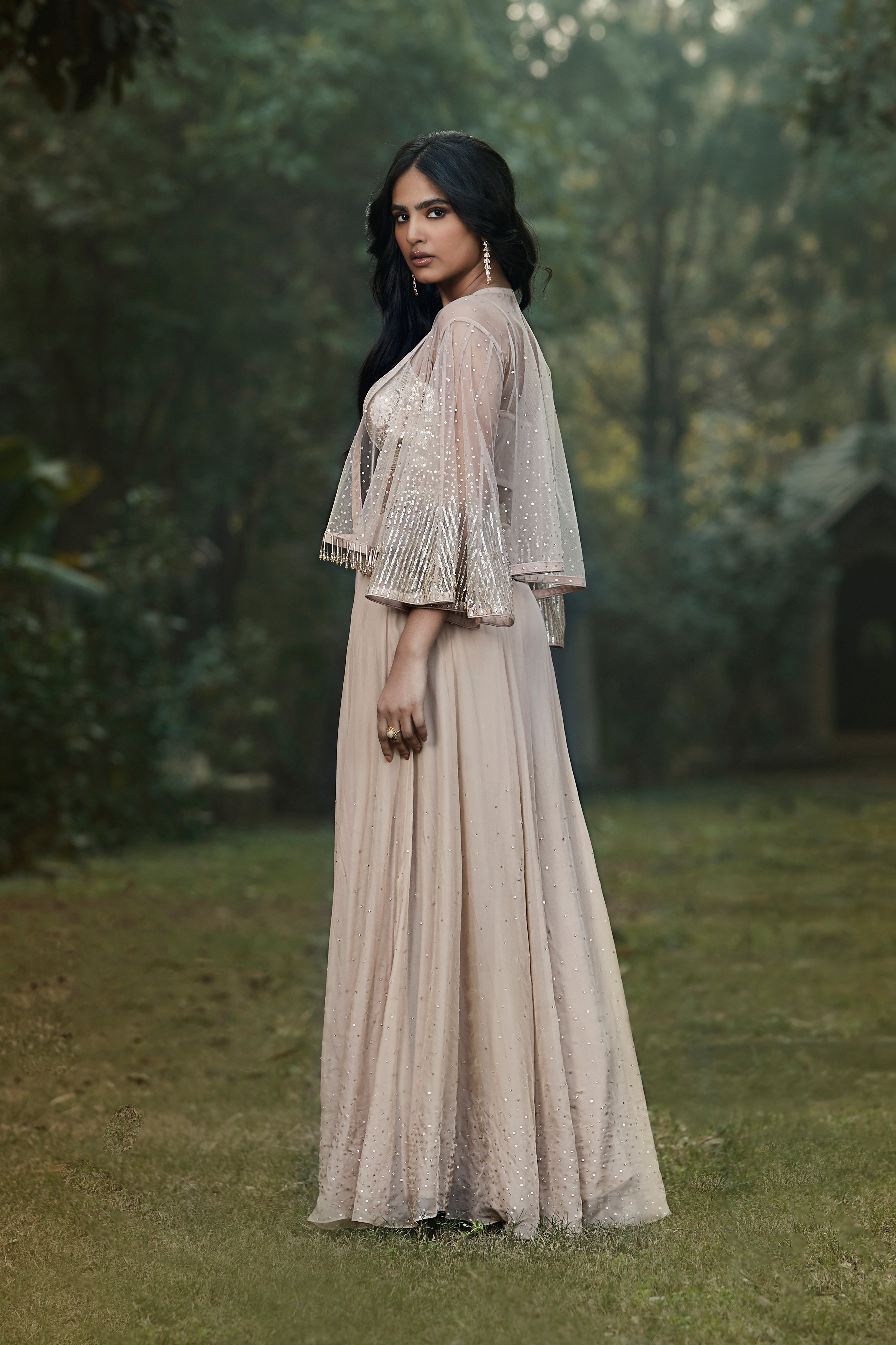 Peach Organza Cape & Sharara Set