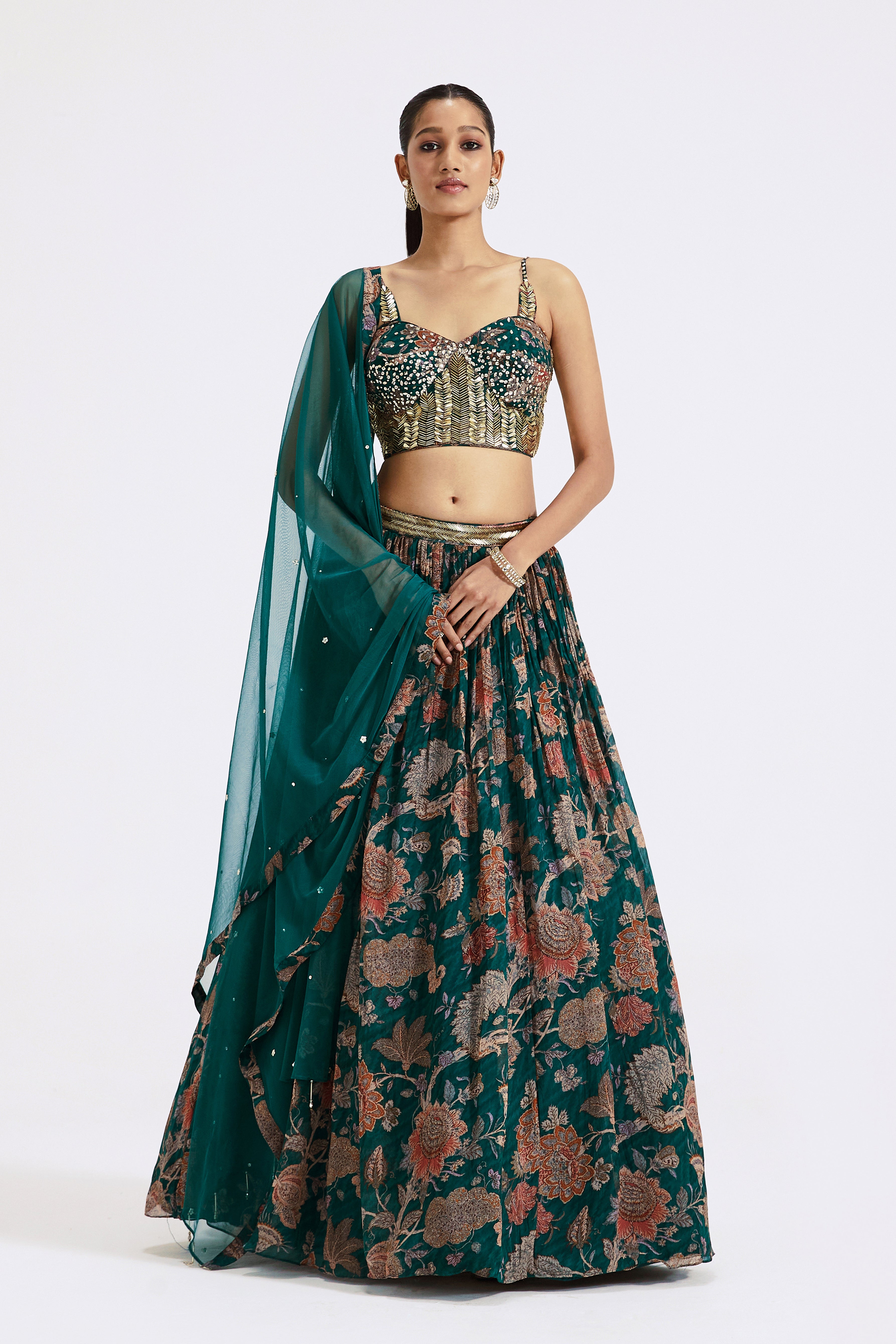 Green Floral Print Lehenga Set