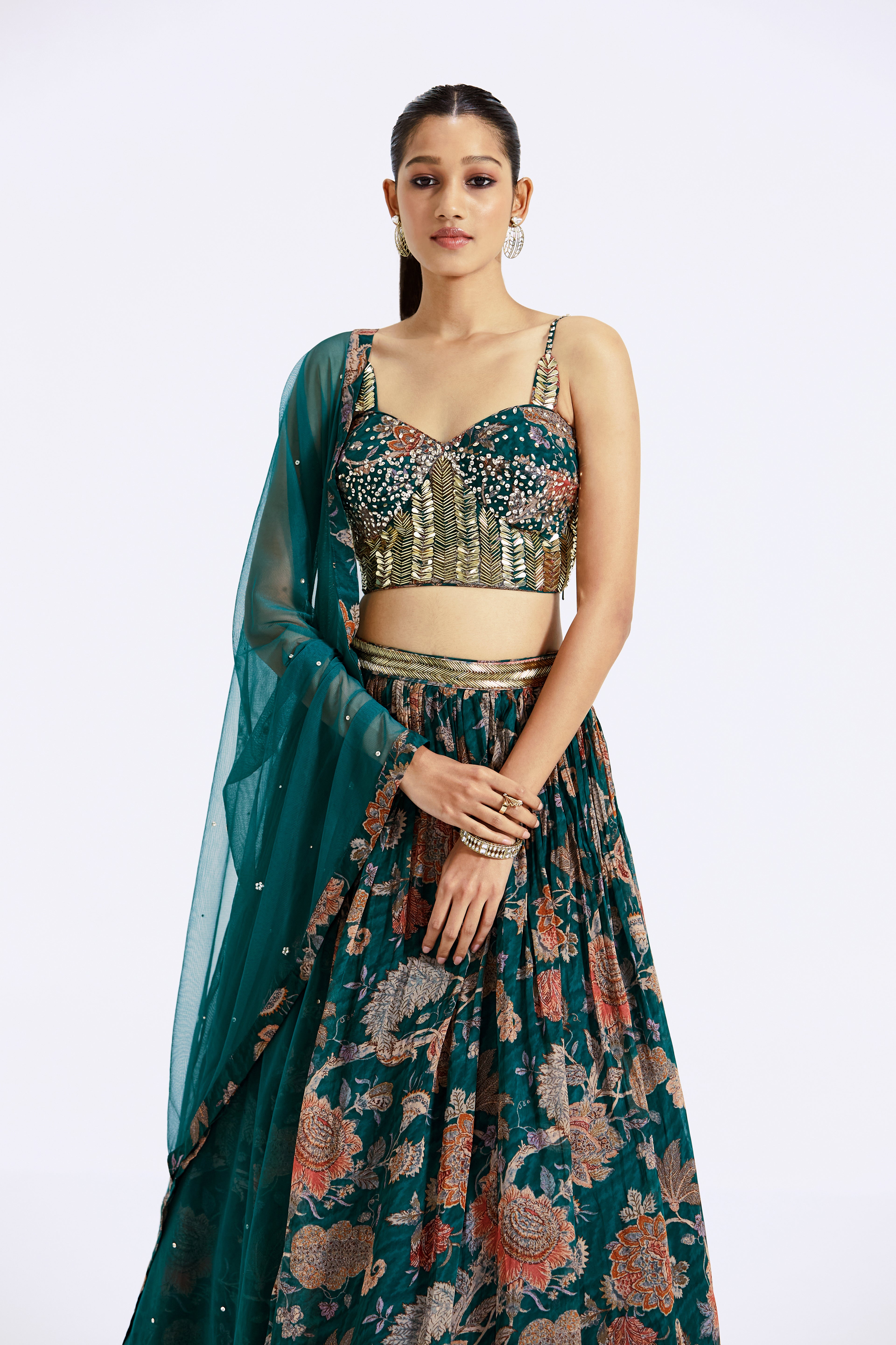 Green Floral Print Lehenga Set