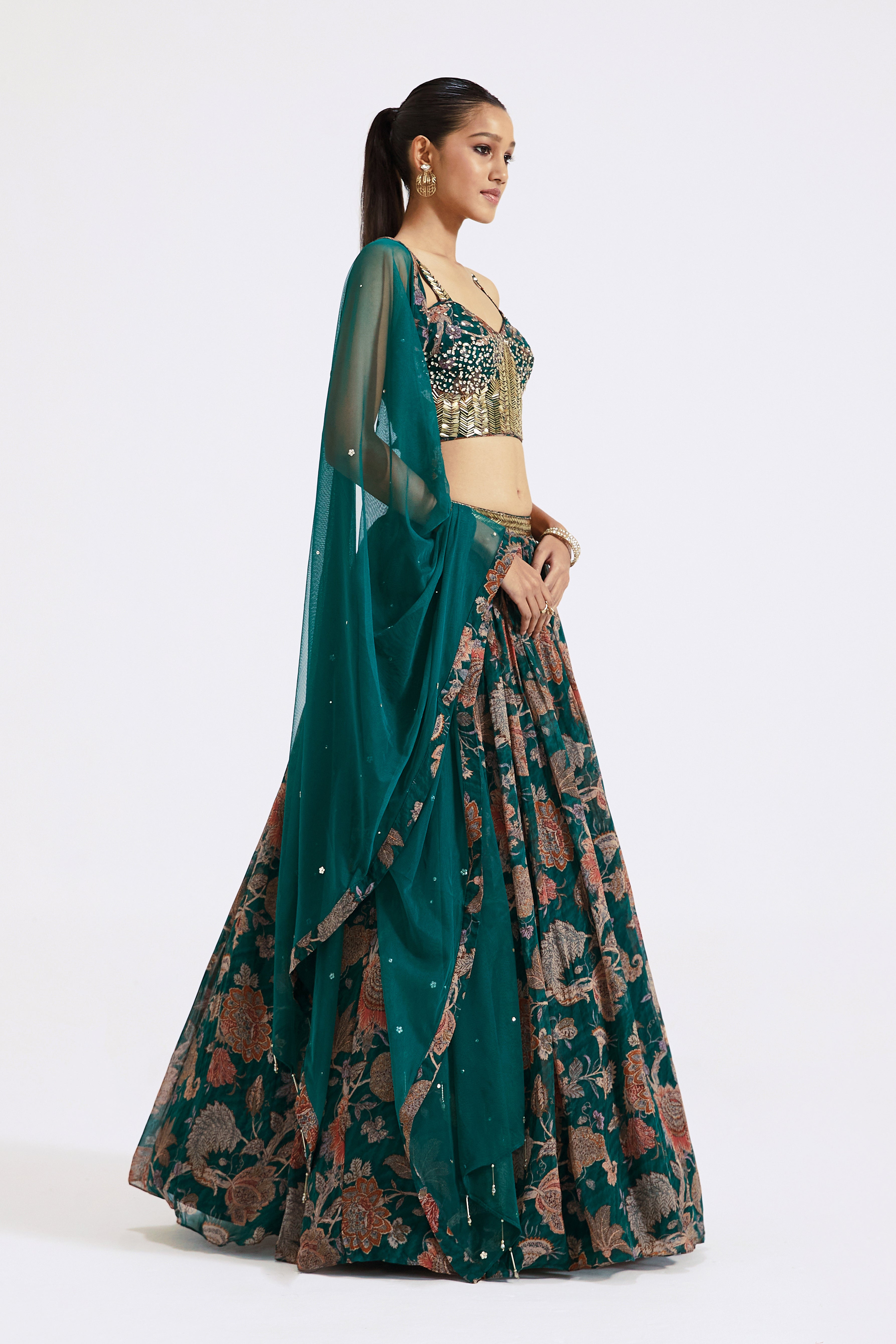 Green Floral Print Lehenga Set