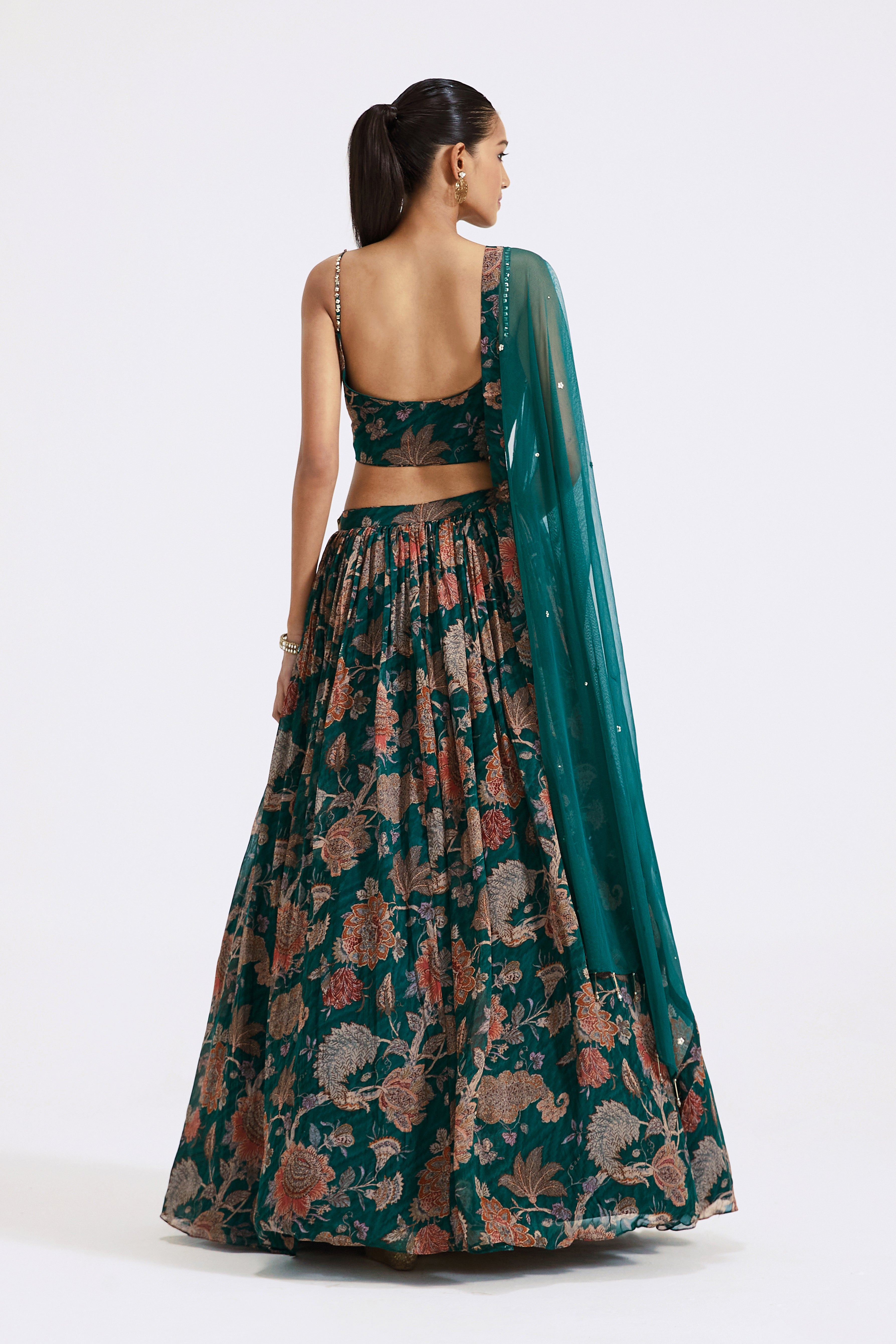 Green Floral Print Lehenga Set