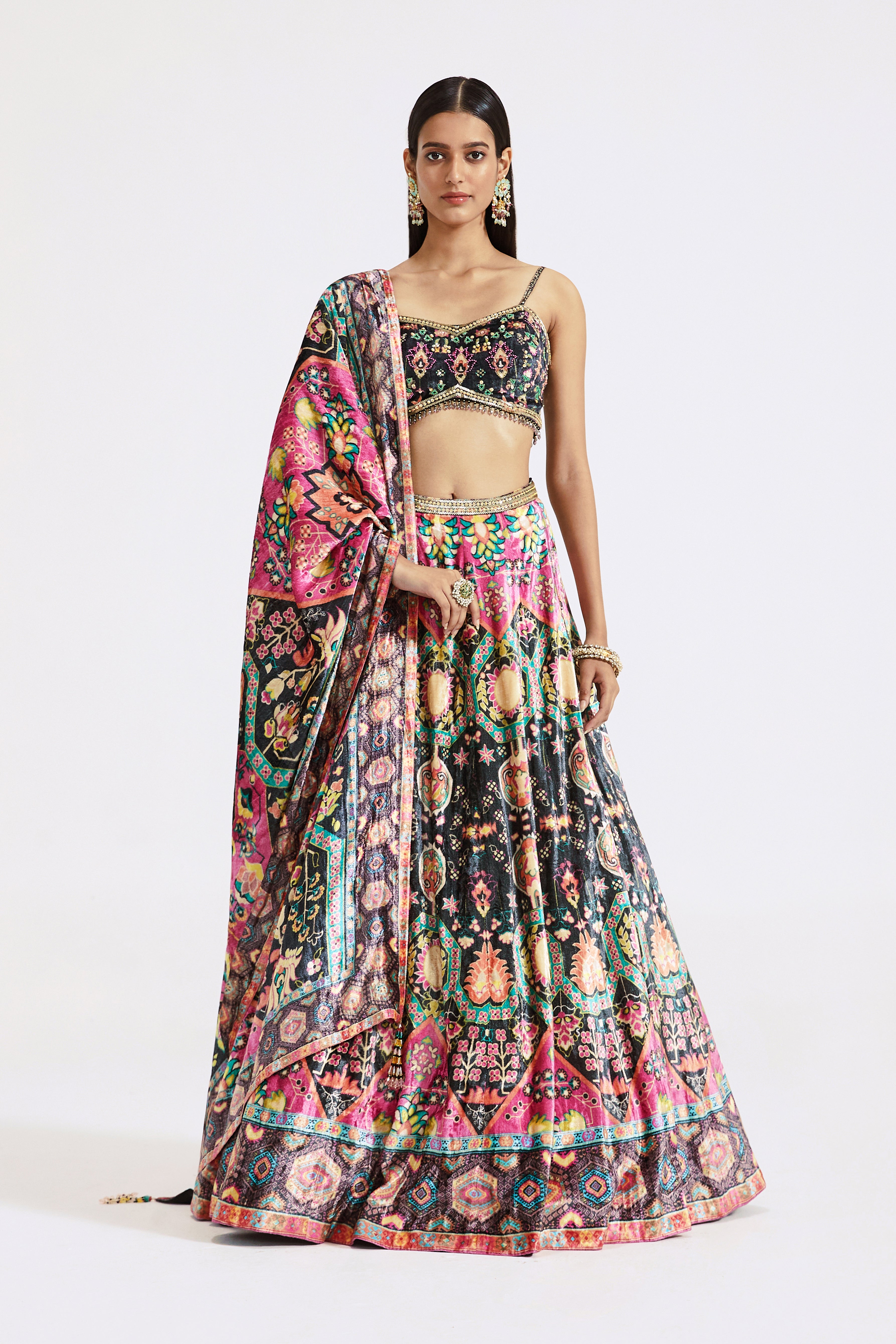 Multicolour Velvet Lehenga Set