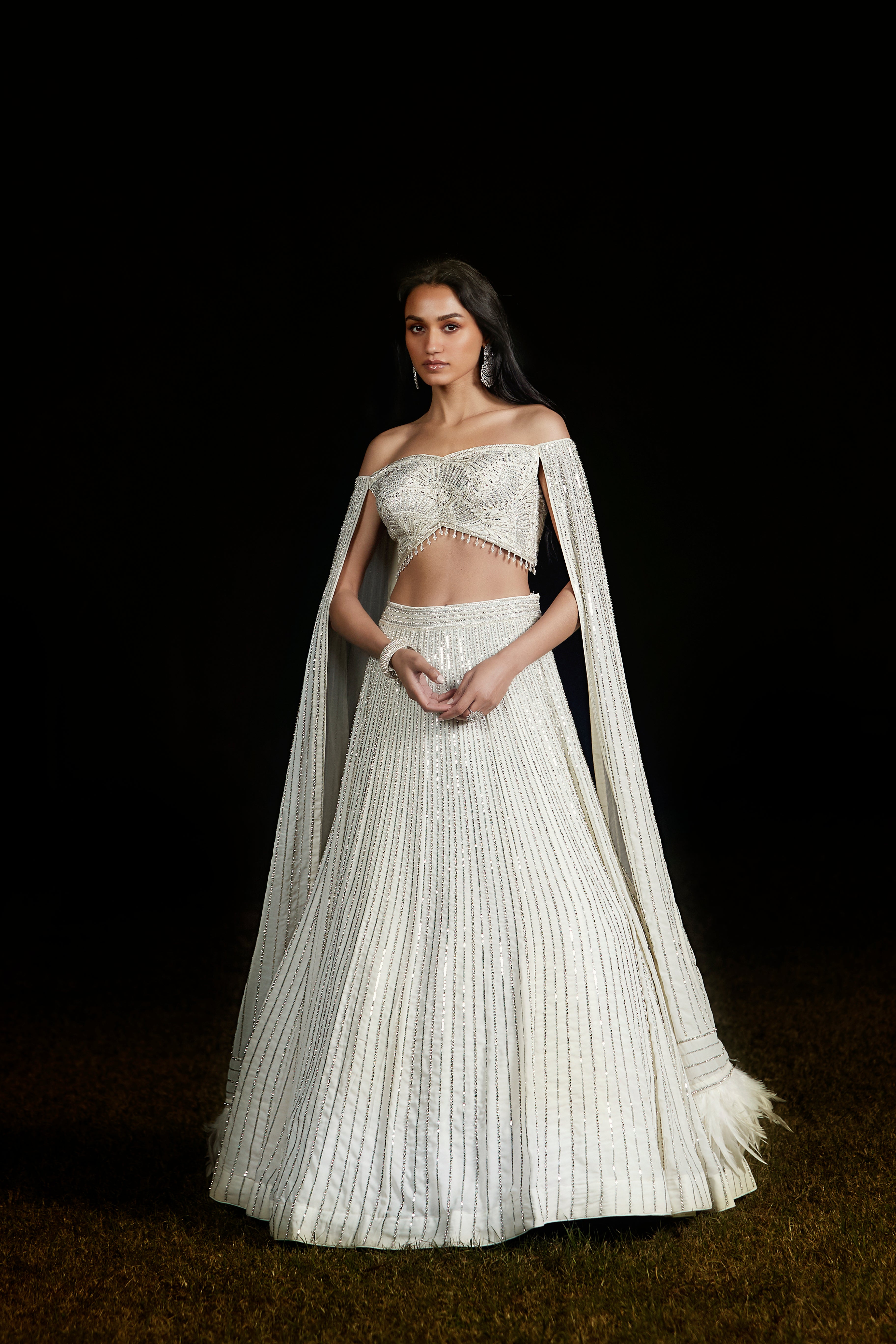 Ivory Off Shoulder Sequins Lehenga