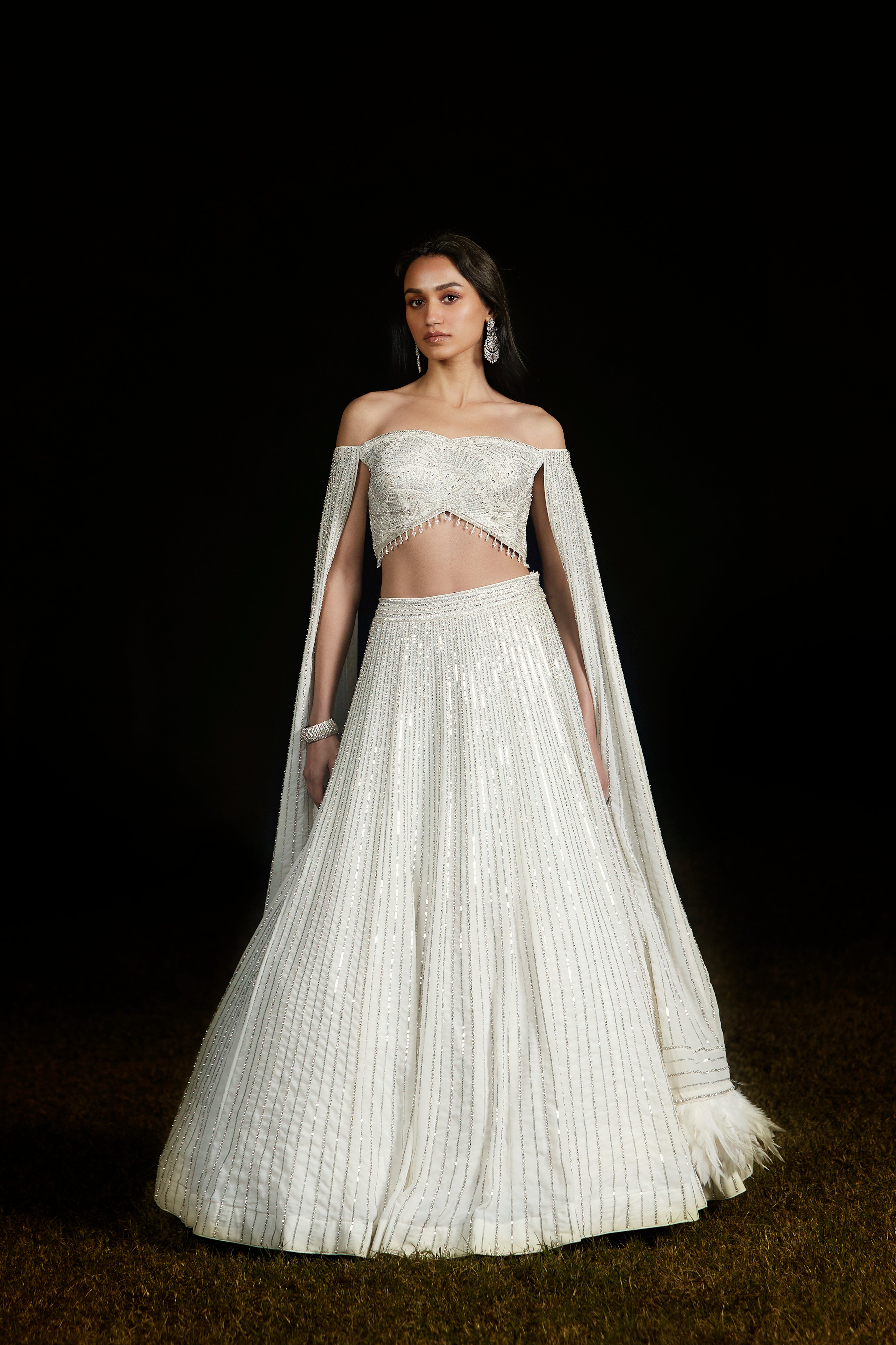 Ivory Off Shoulder Sequins Lehenga