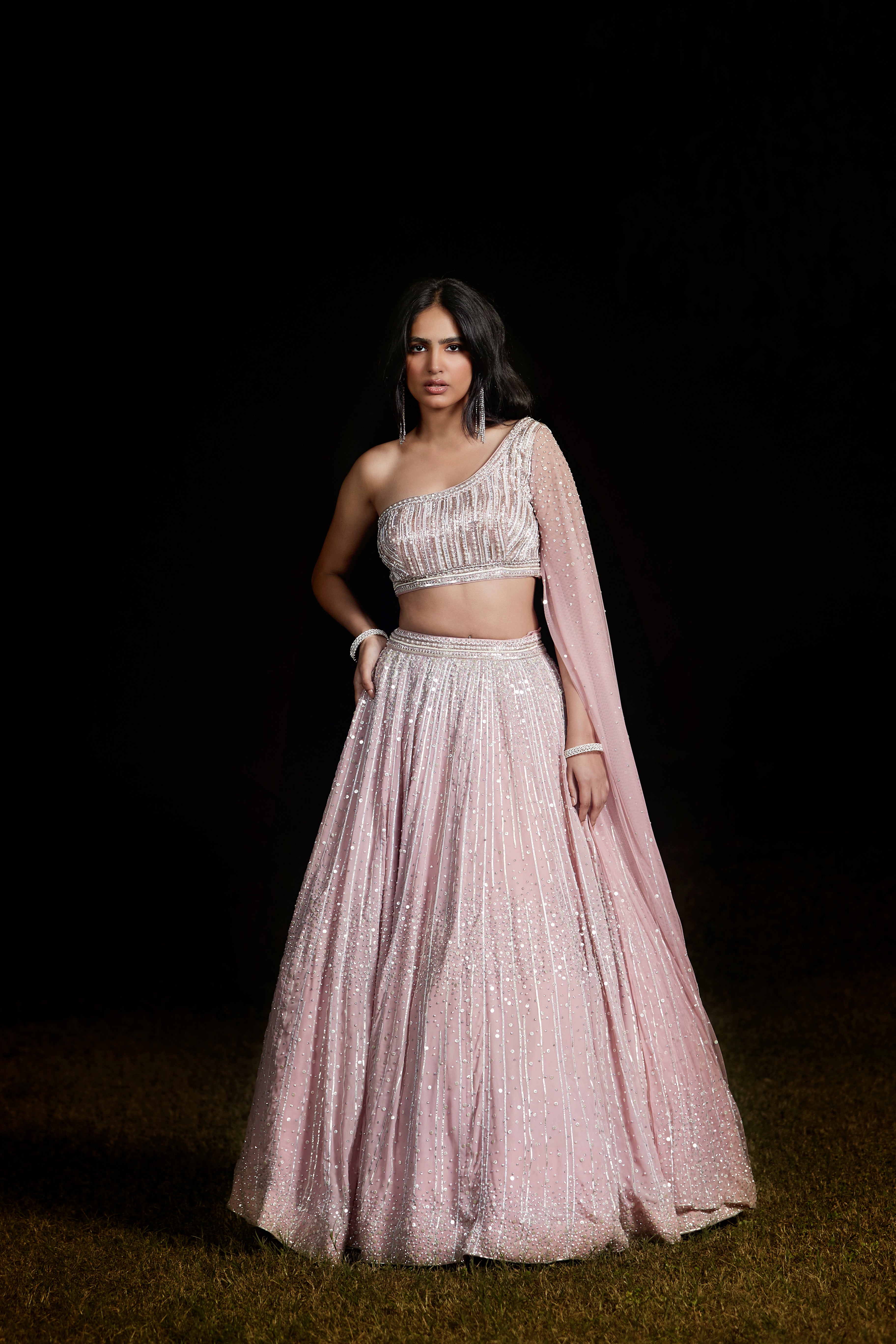 Pink One Shoulder Embroidered Lehenga