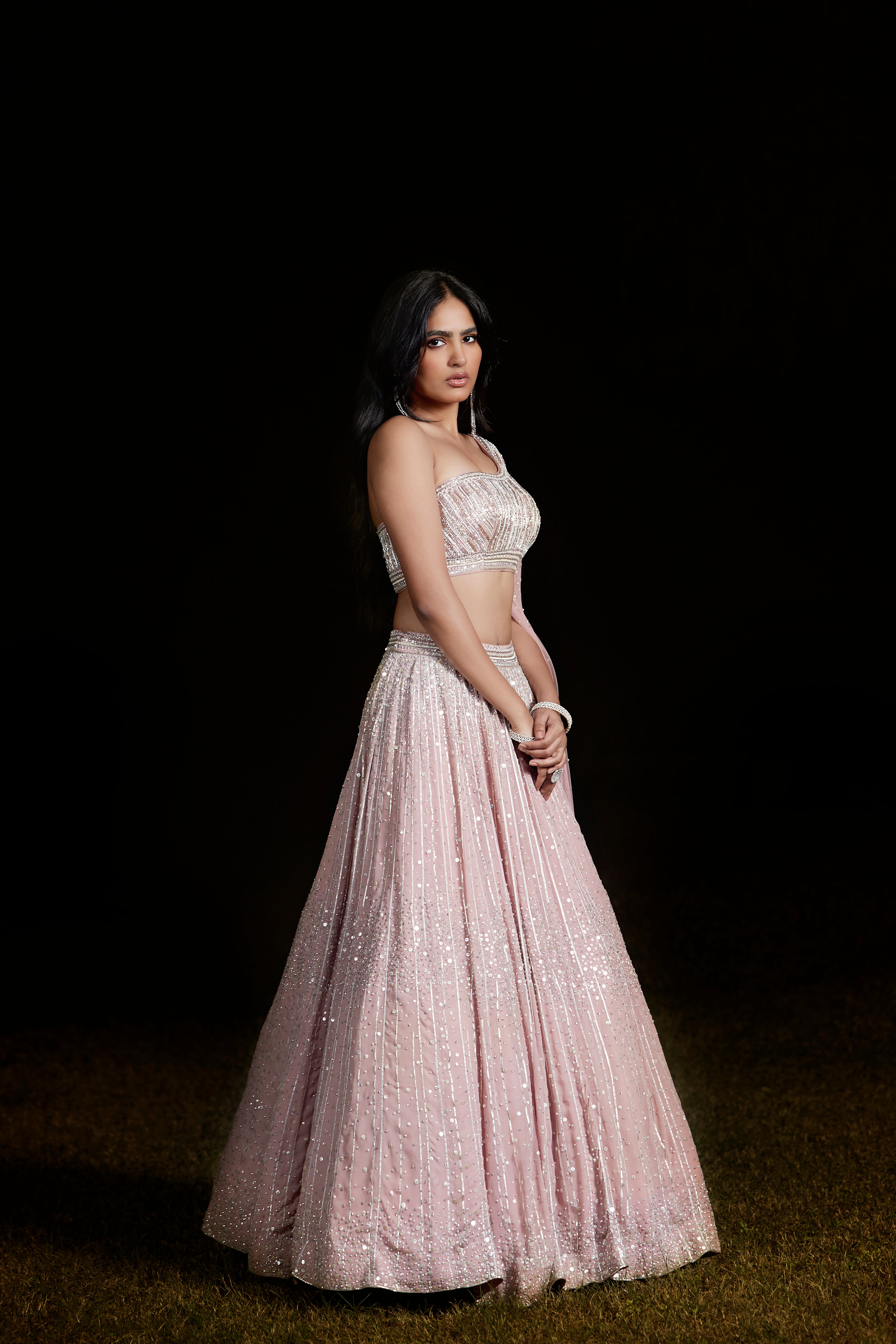 Pink One Shoulder Embroidered Lehenga