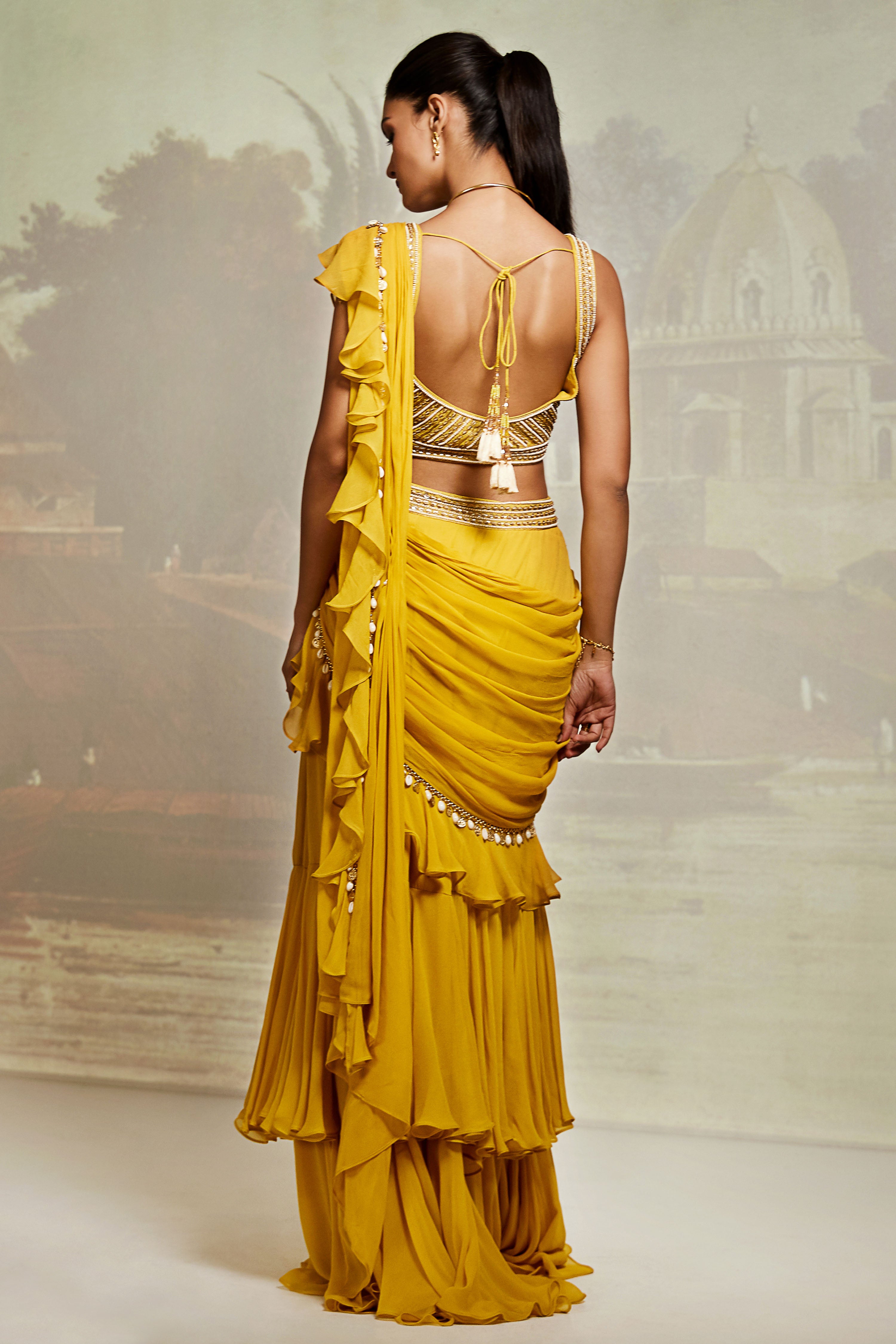 Yellow Ruffled Saree With Embroidered Blouse