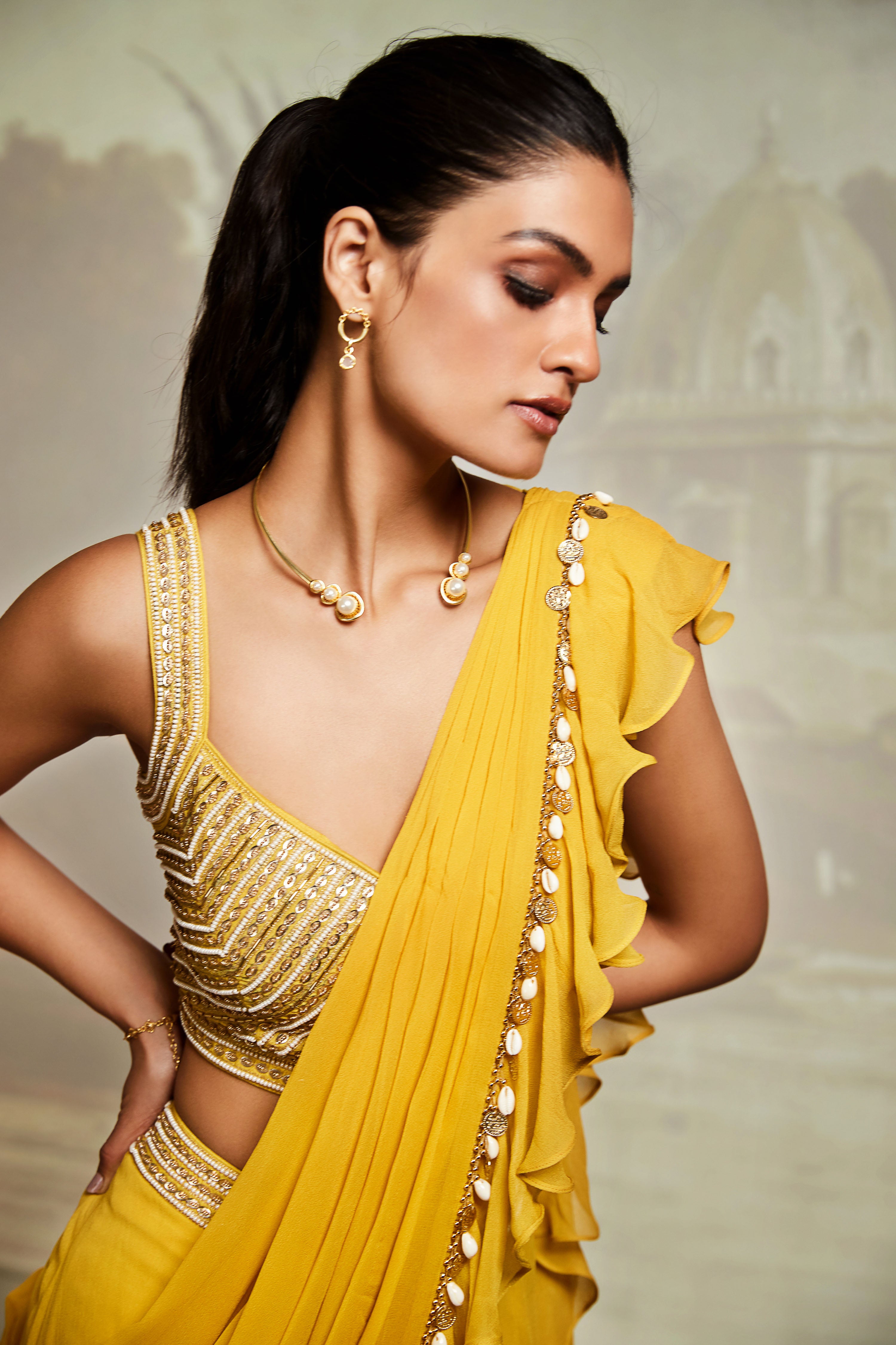 Yellow Ruffled Saree With Embroidered Blouse