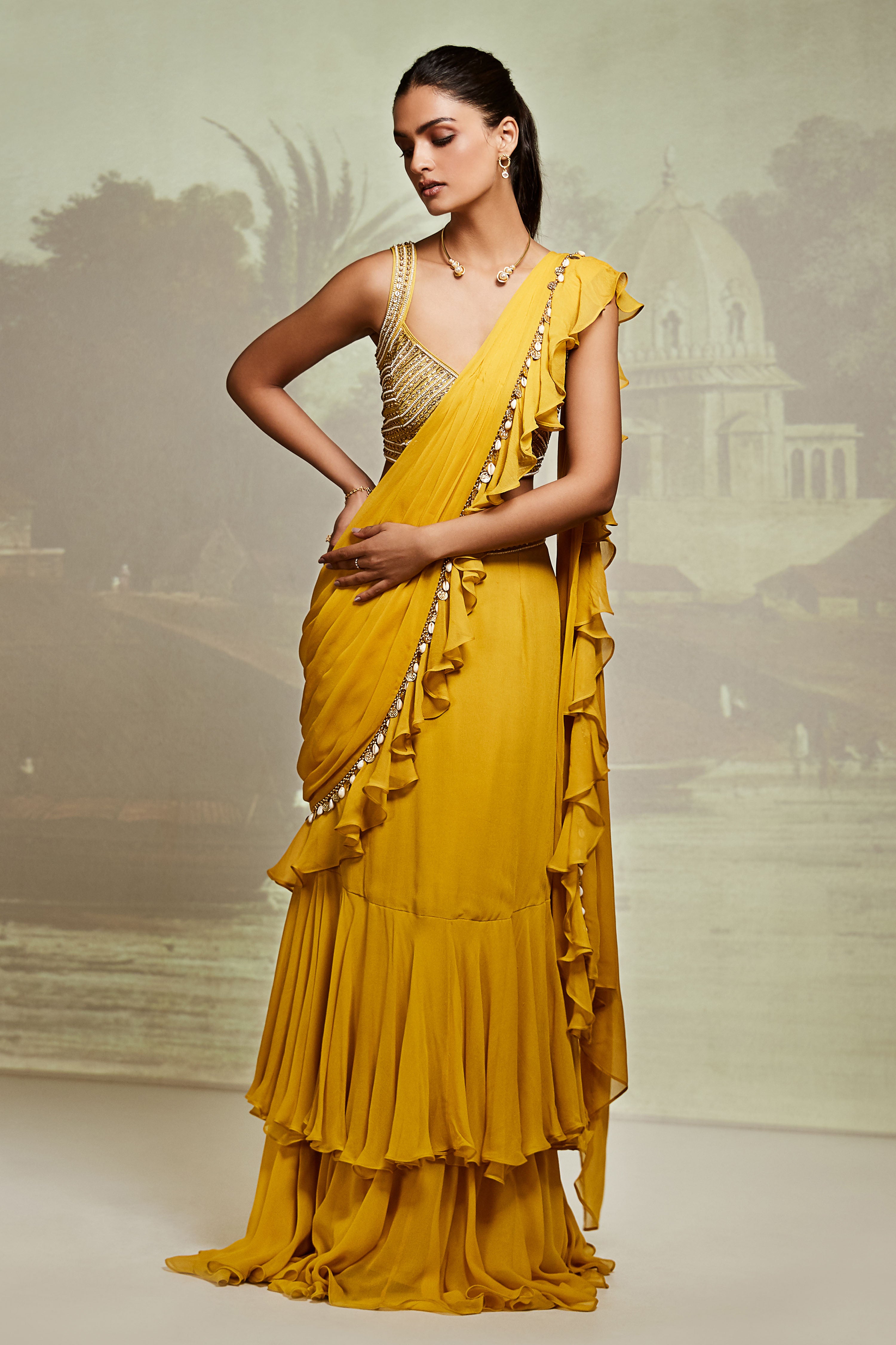 Yellow Ruffled Saree With Embroidered Blouse