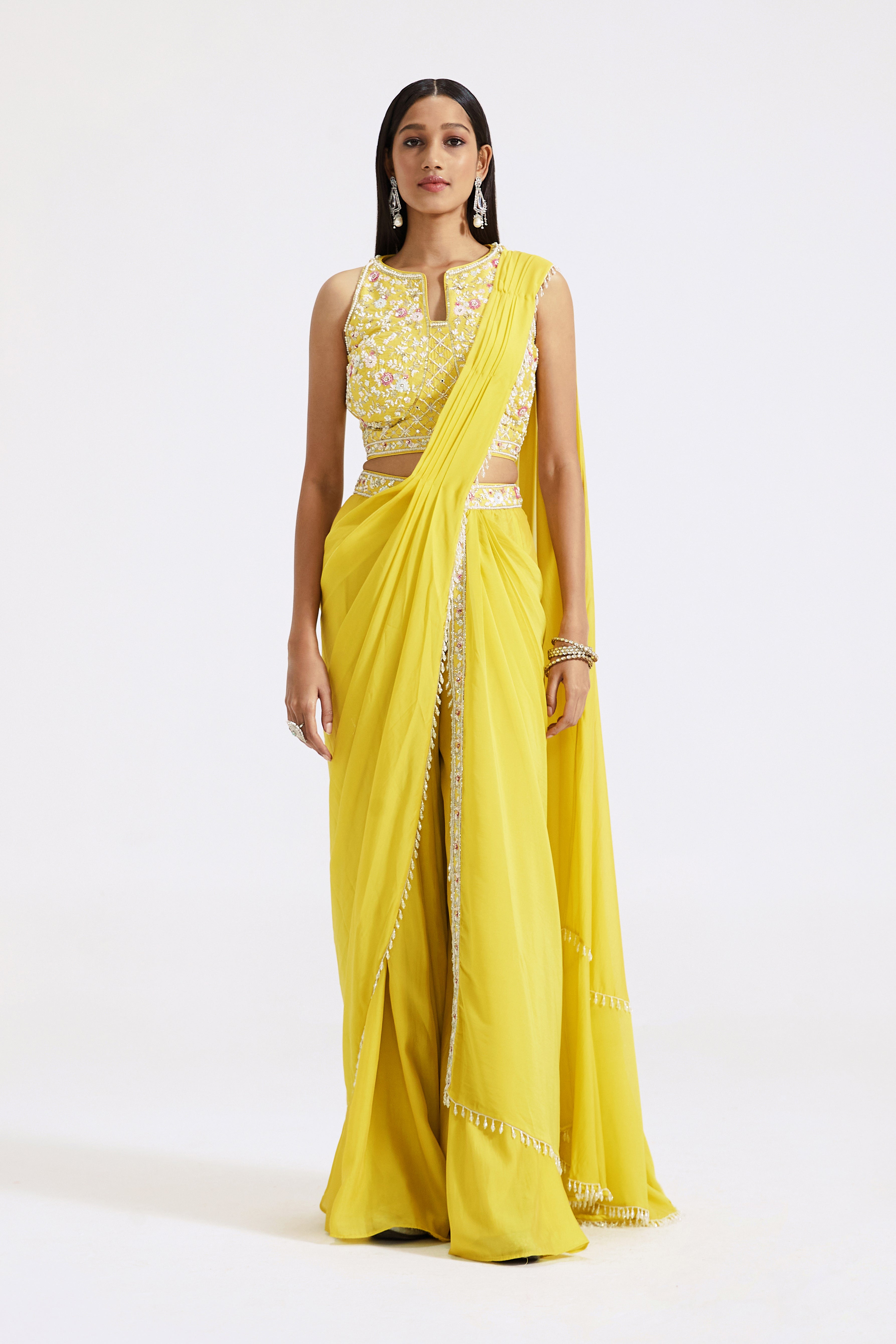 Yellow Draped Sharara Saree