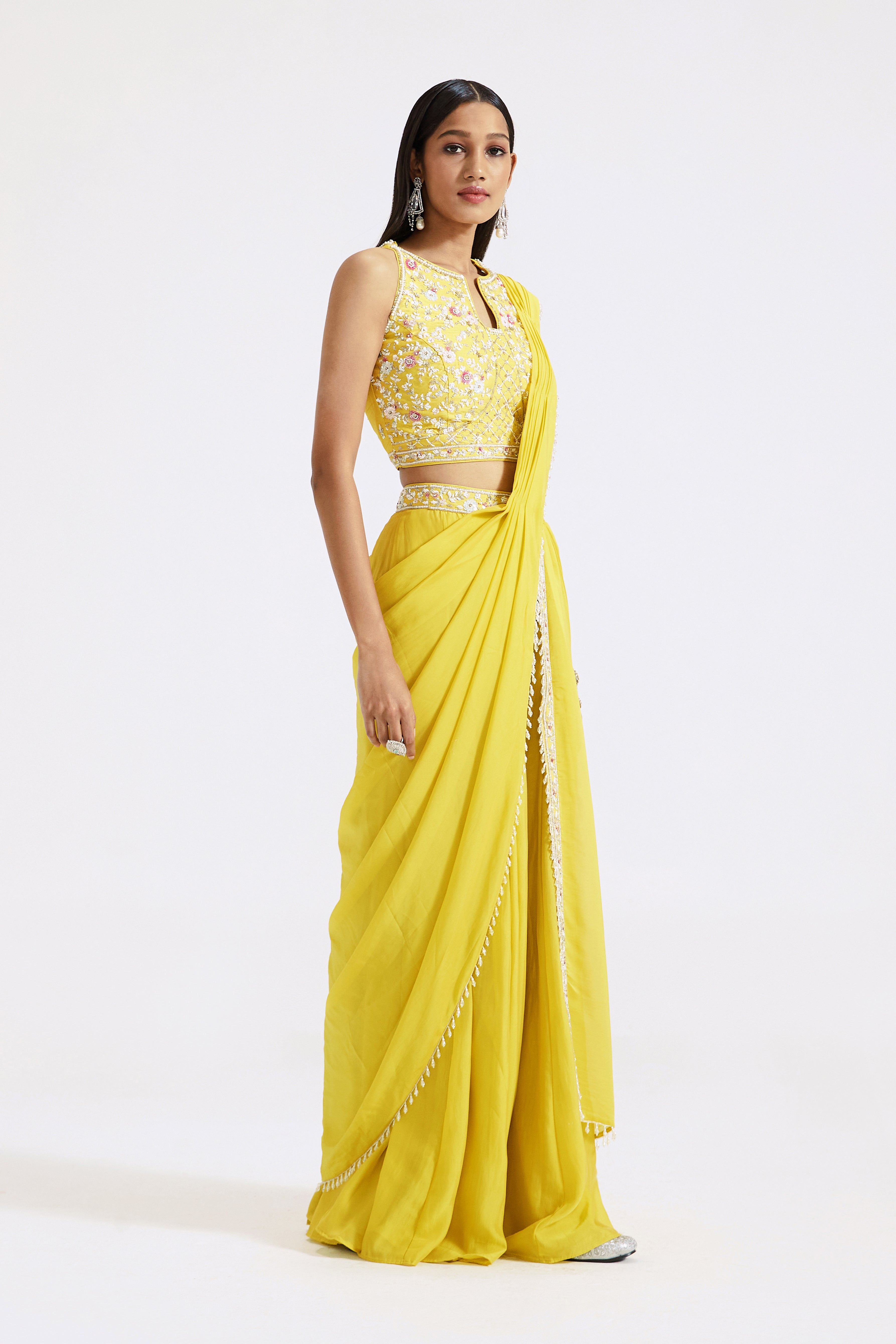 Yellow Draped Sharara Saree