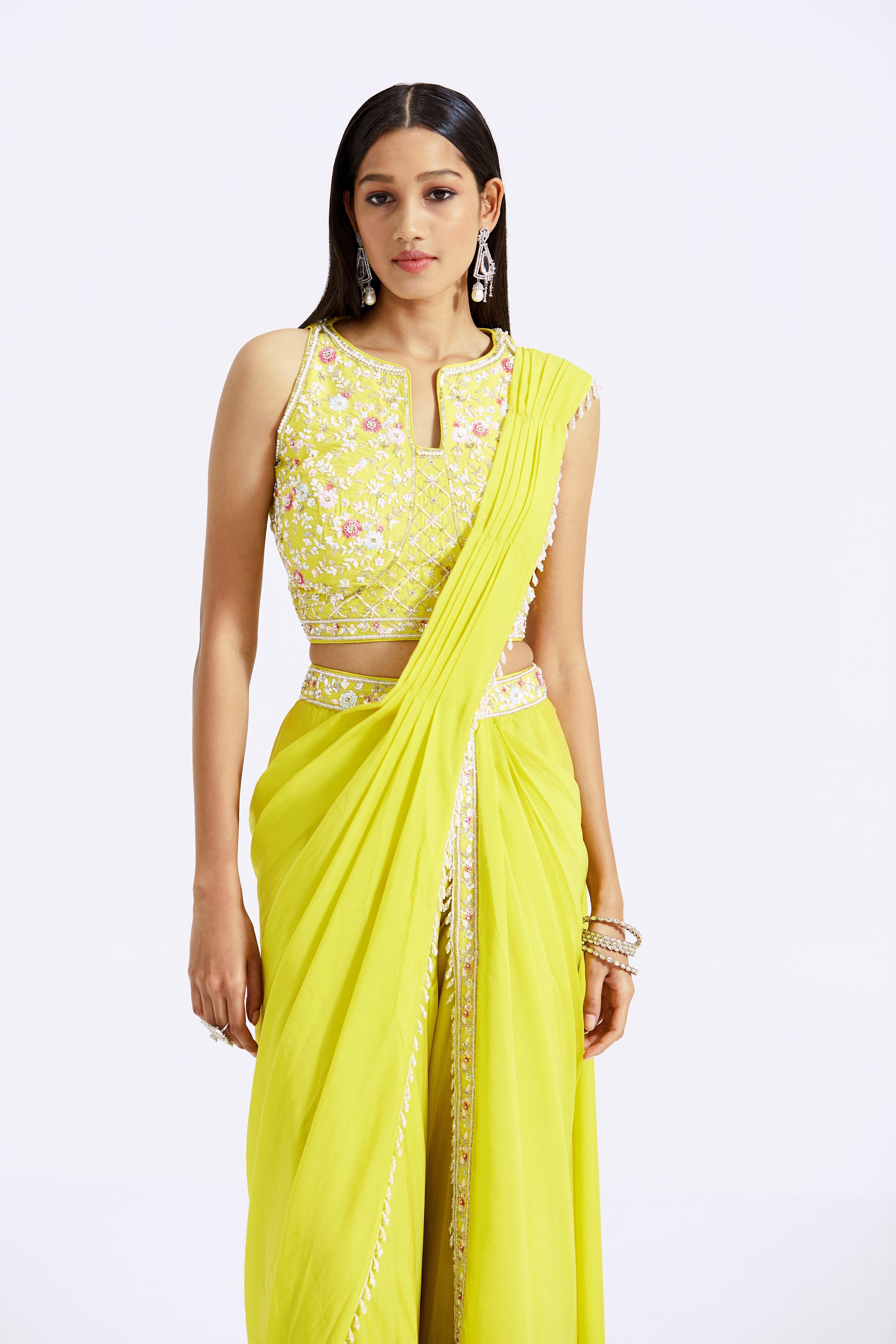 Yellow Draped Sharara Saree