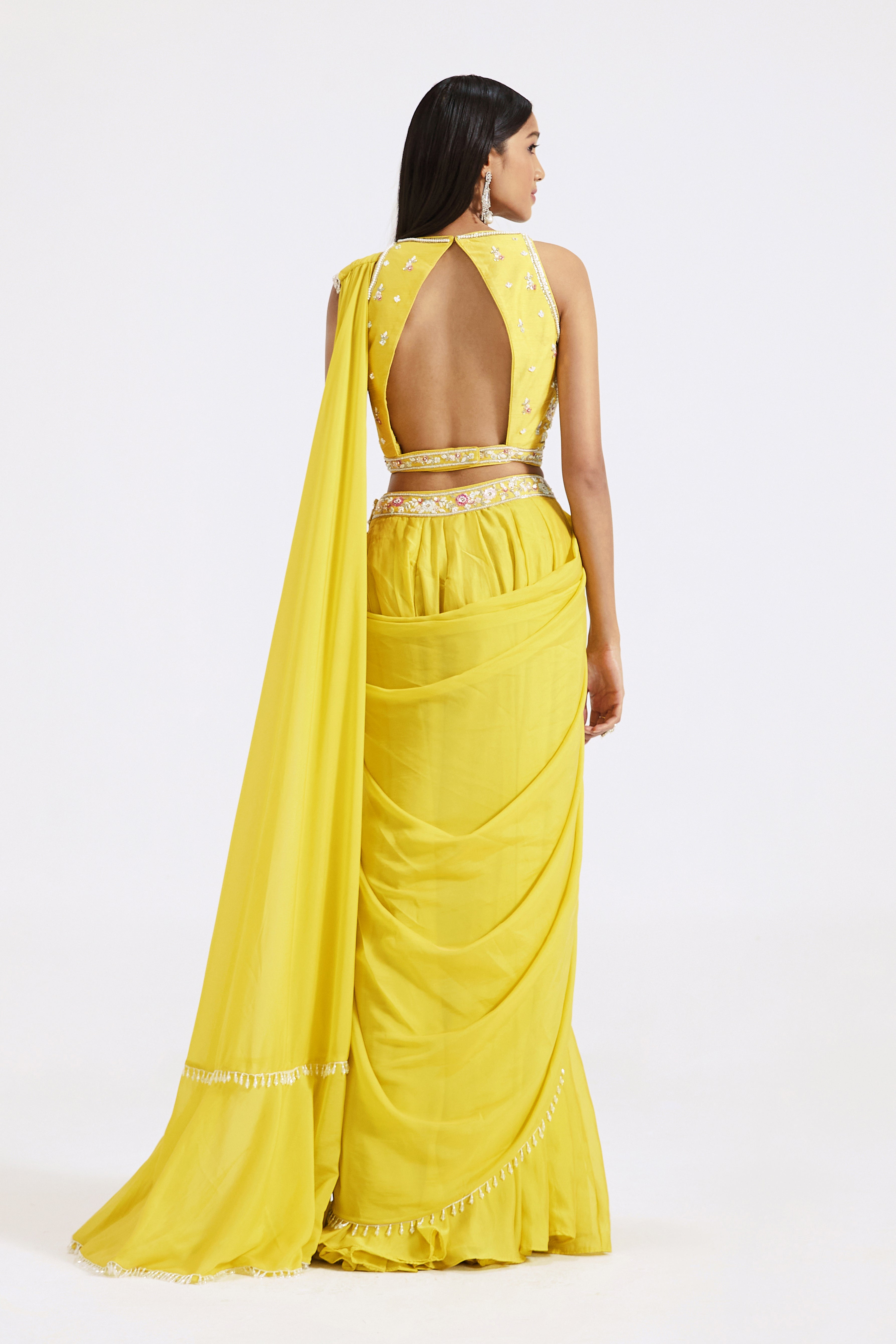 Yellow Draped Sharara Saree