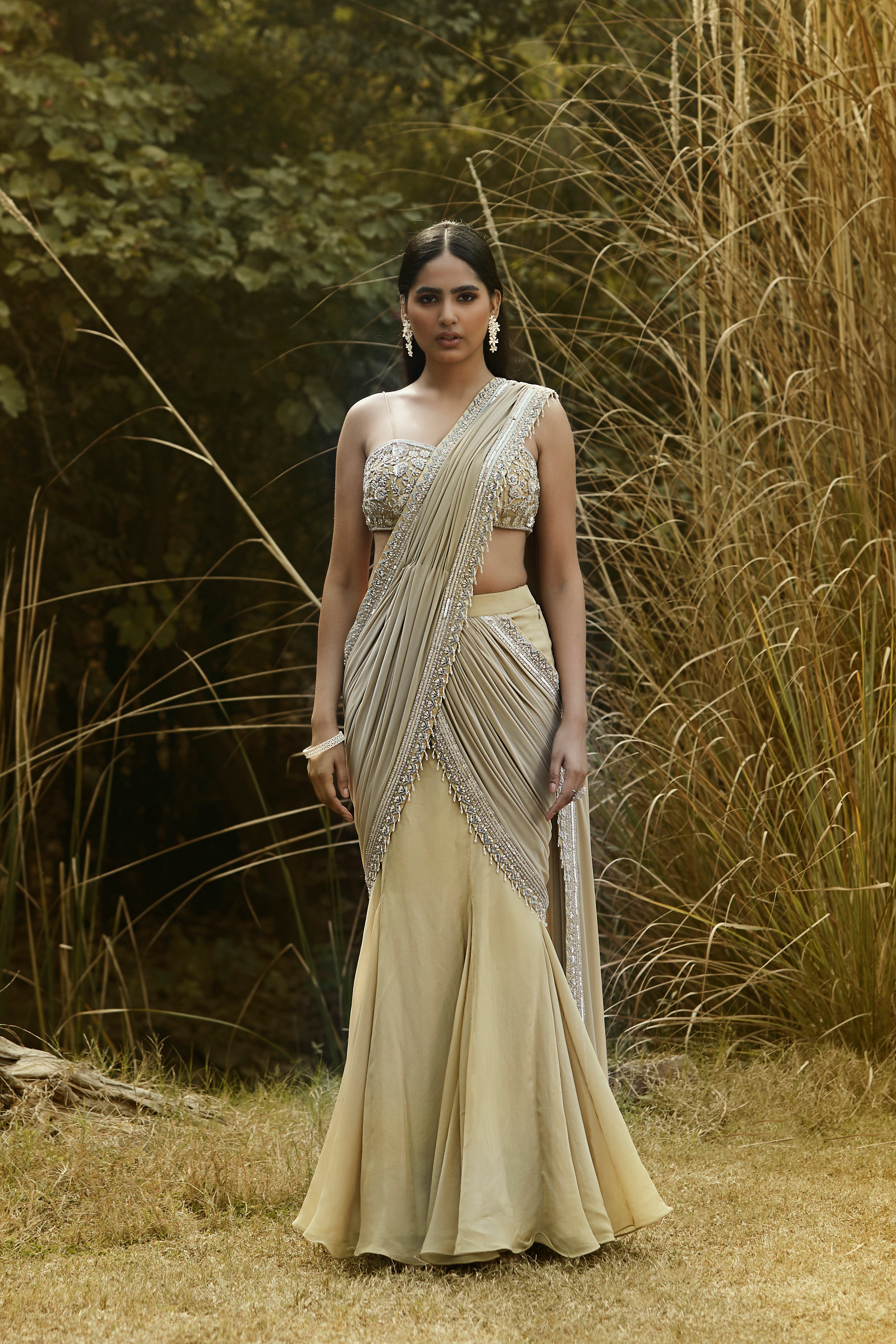 Pista Draped Saree Set