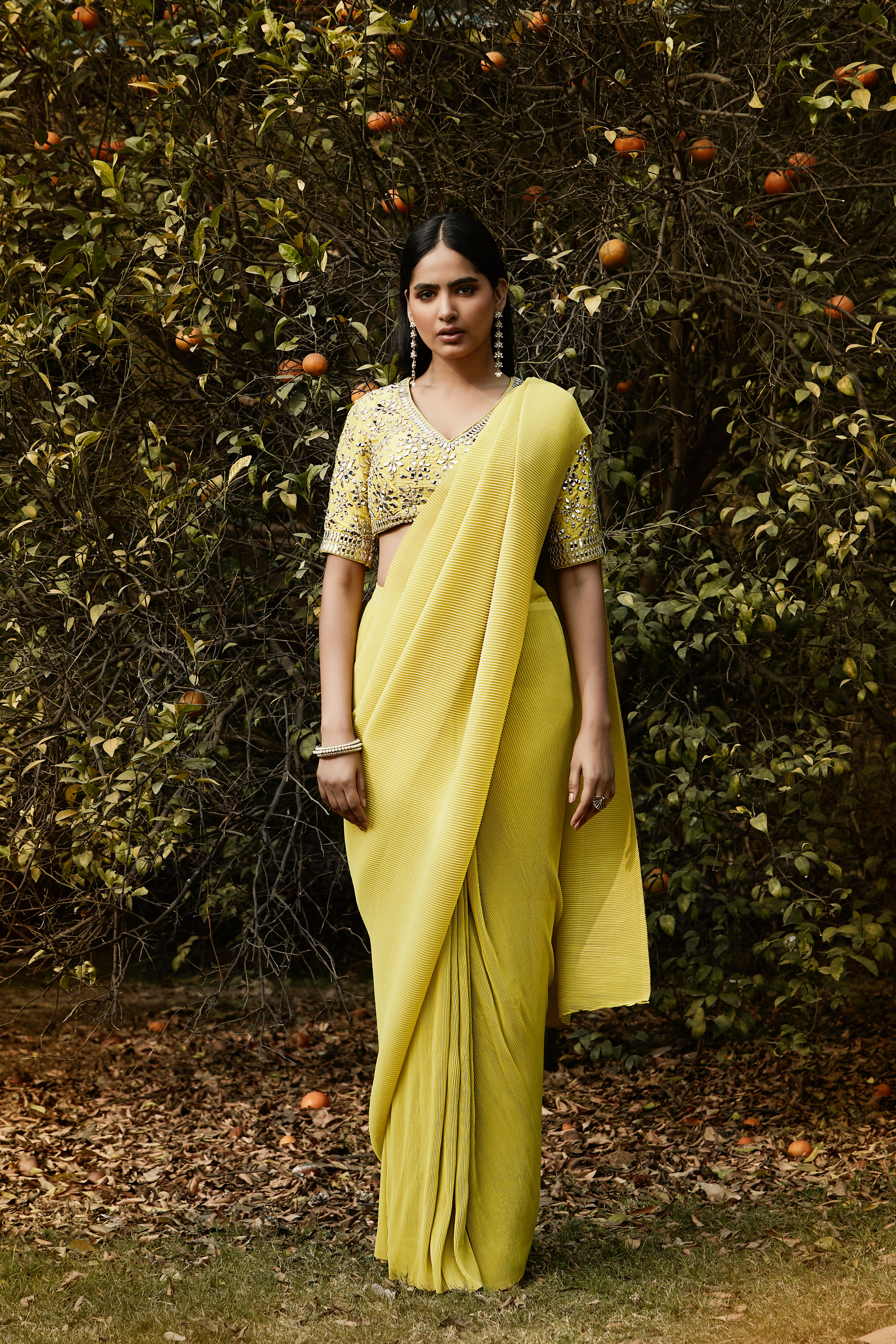 Lime Pre Draped Pleated Georgette Saree