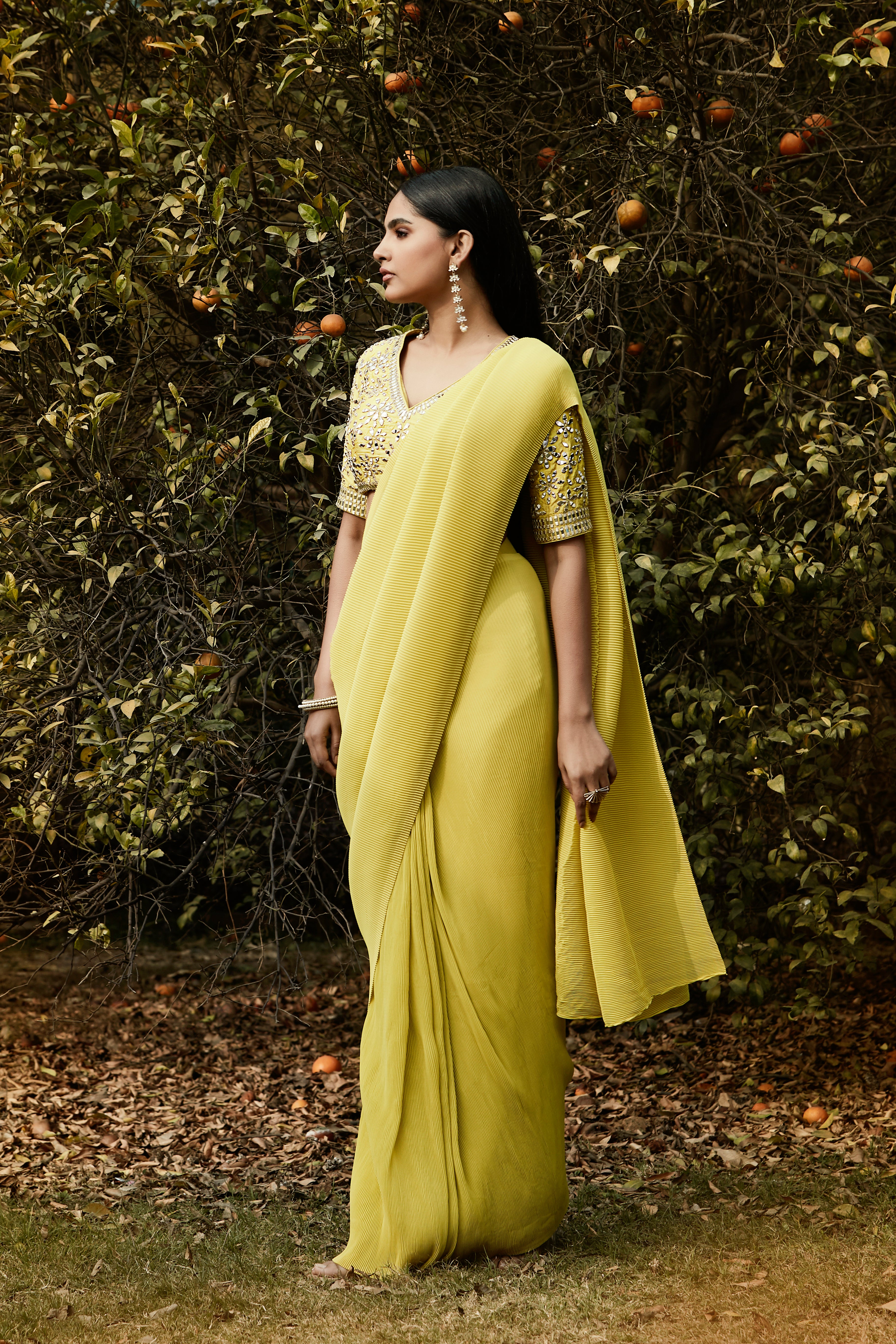 Lime Pre Draped Pleated Georgette Saree