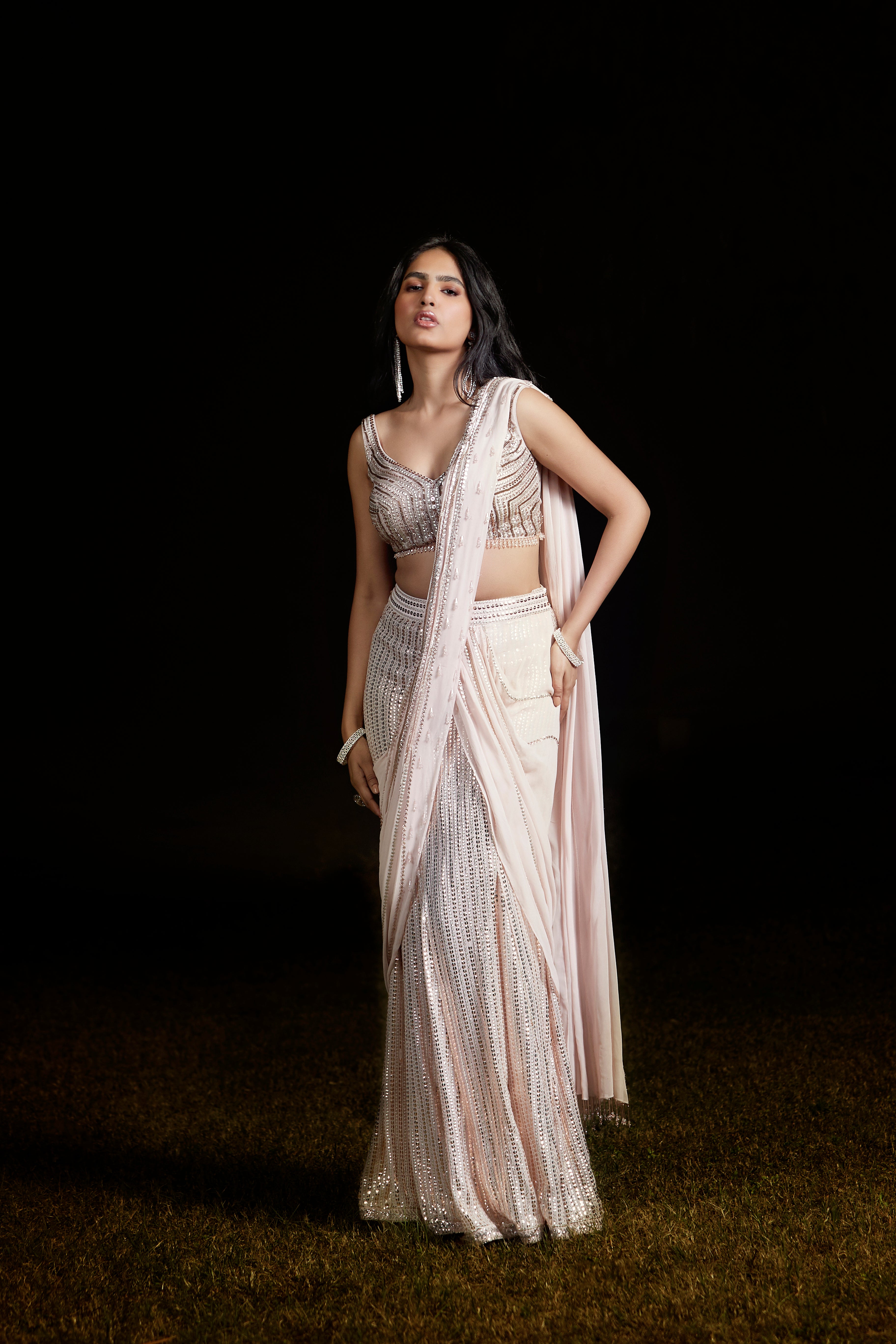 Peach Sequins Draped Saree